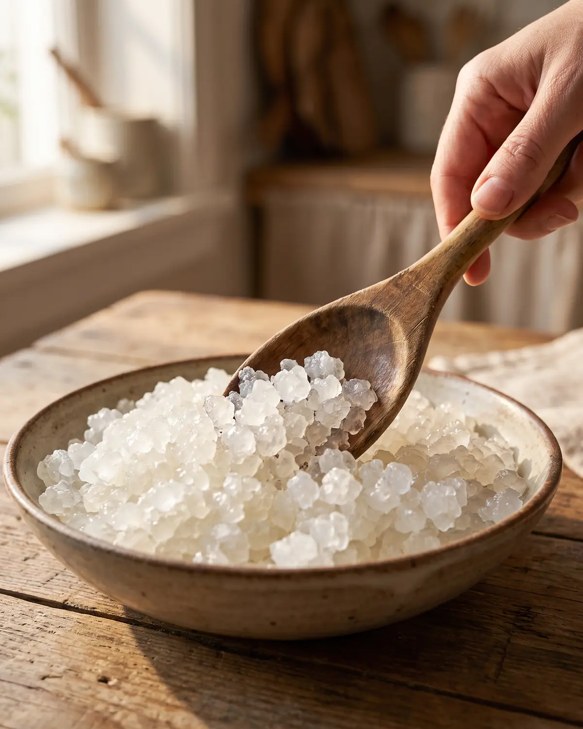 M&atilde;o a mover suavemente gr&atilde;os cristalinos de kefir de &aacute;gua no fundo com uma colher de madeira.