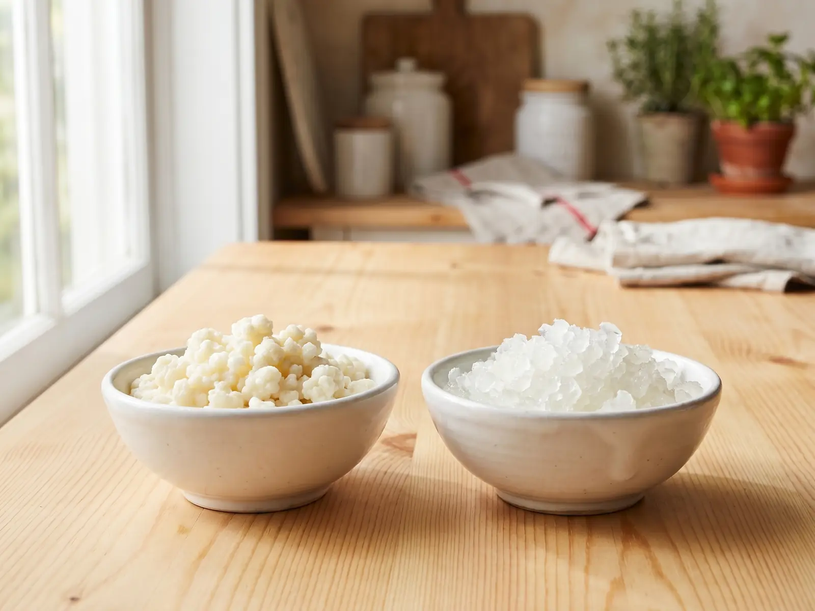 Compara&ccedil;&atilde;o entre gr&atilde;os opacos de kefir de leite e gr&atilde;os cristalinos de kefir de &aacute;gua em tigelas.