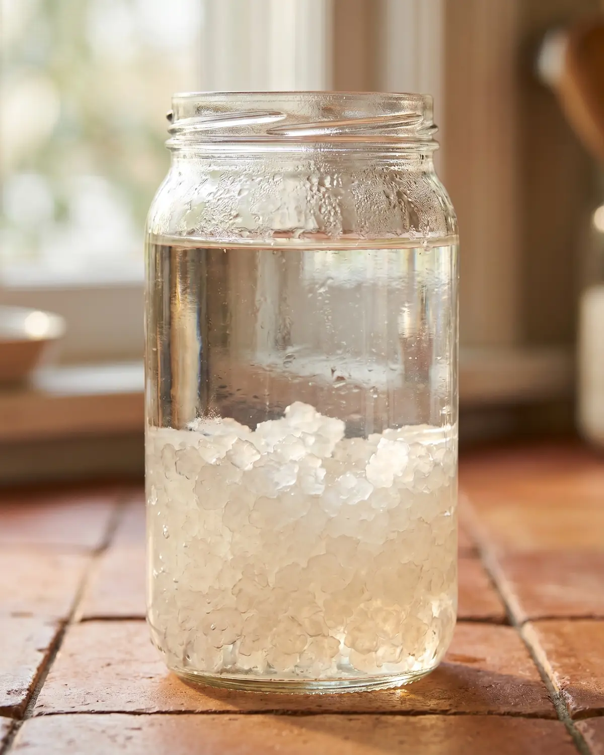 kefir de fruta Frasco de kefir de água sobre azulejos, com grãos translúcidos visíveis através do vidro molhado.