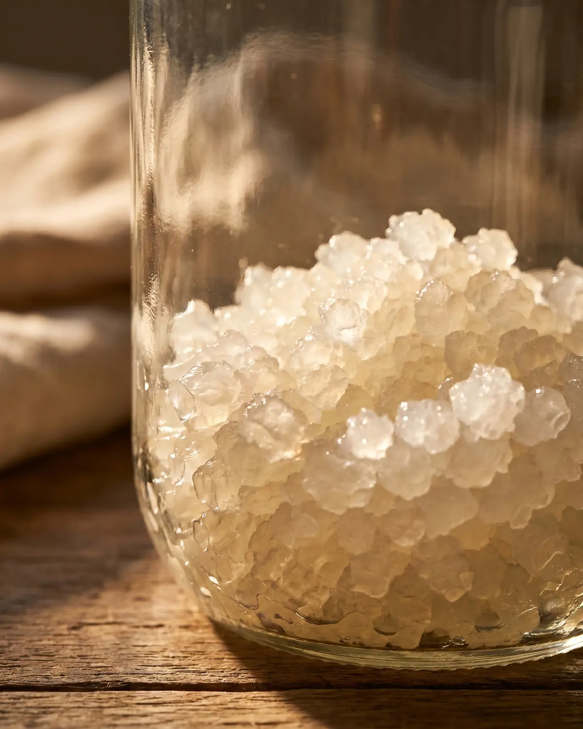 kefir de agua sabor Primeiro plano de grãos translúcidos de kefir de água no fundo do frasco, com luz lateral suave.