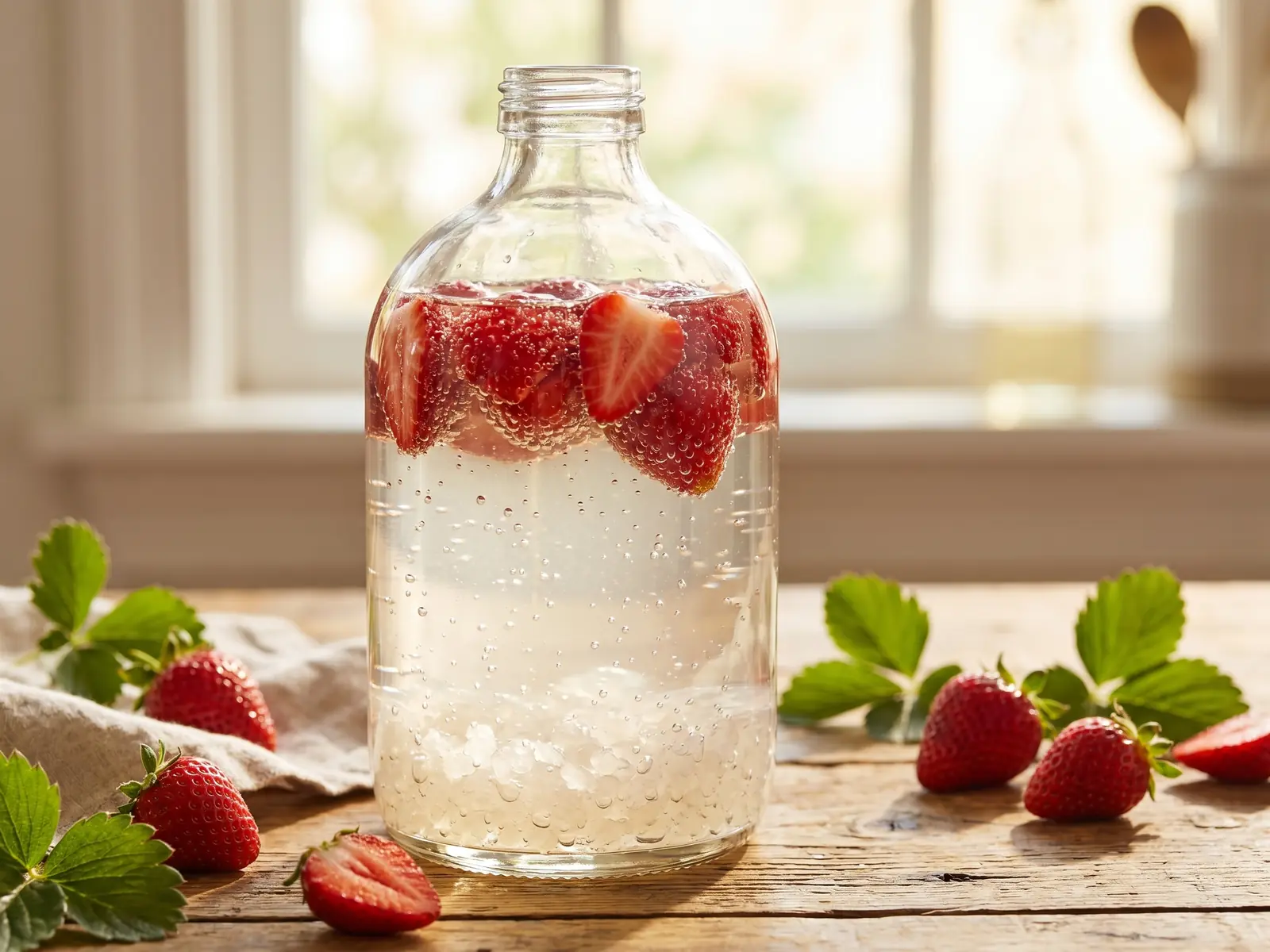 kefir de agua sabor Garrafa de kefir de água com morangos, pequenas bolhas e luz de verão sobre madeira de pinho.
