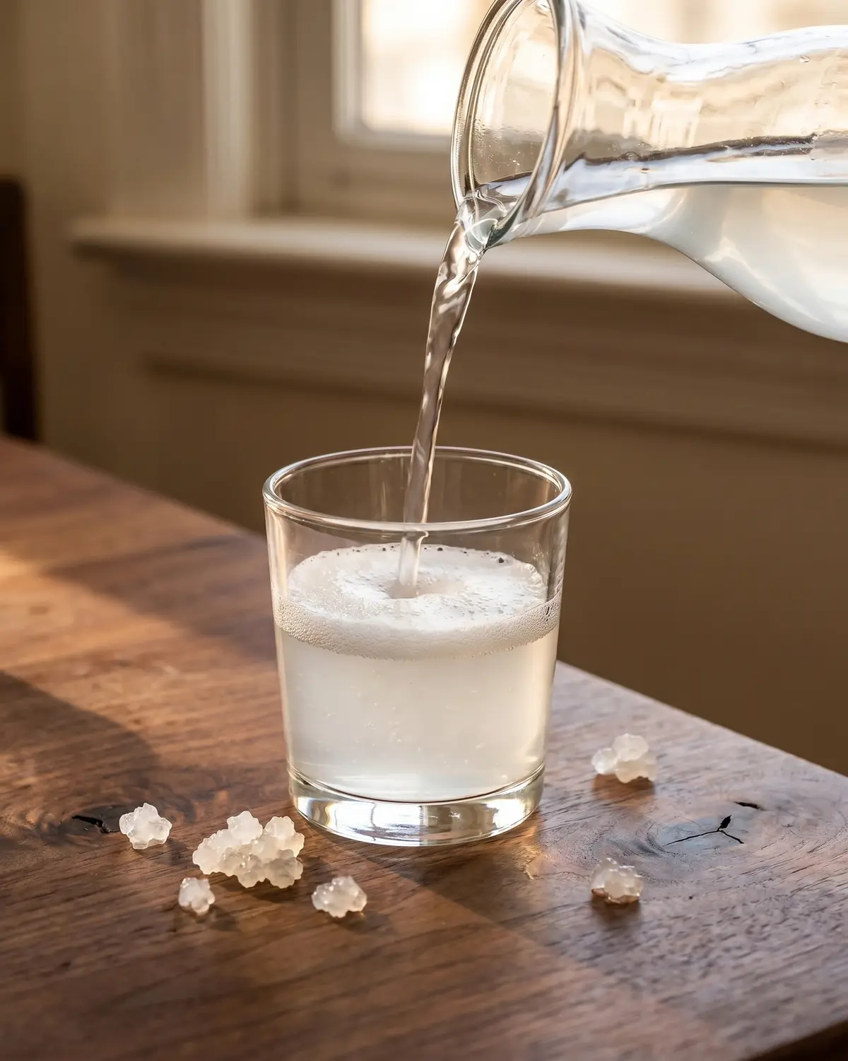 tibicos de agua Kefir de água a ser vertido para um copo baixo, com espuma leve sobre uma mesa de nogueira