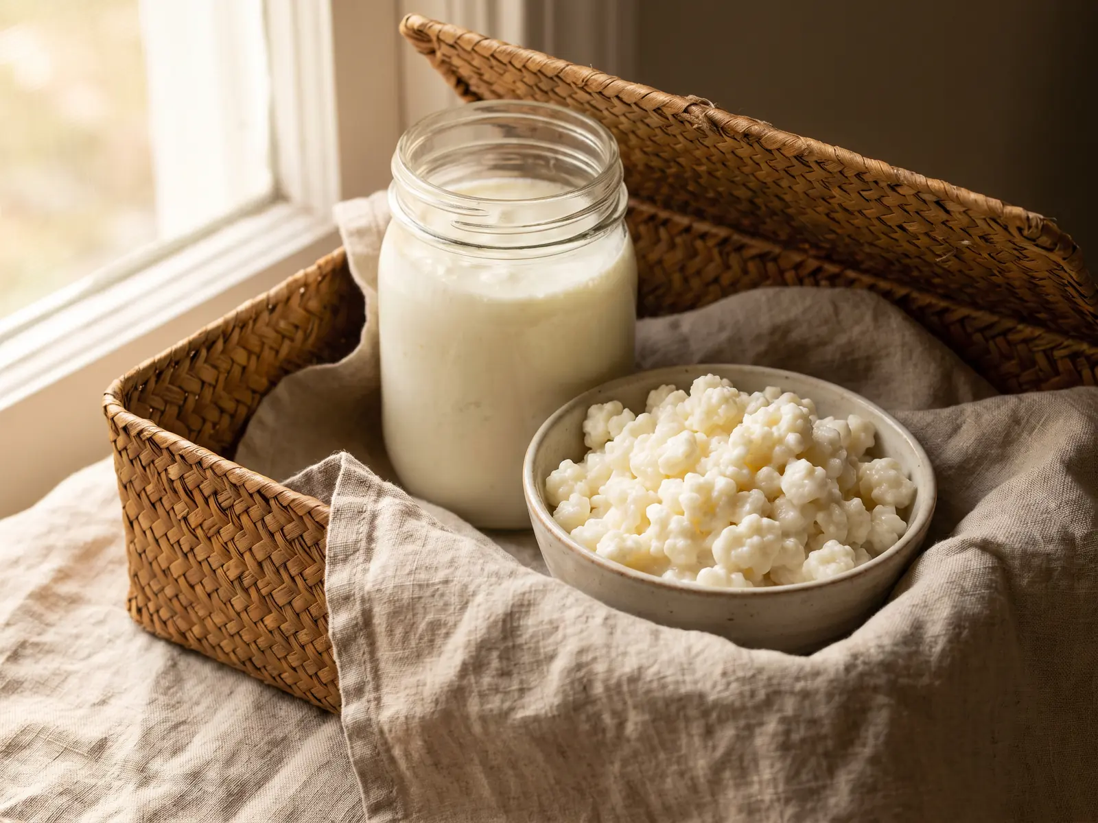 Cesta aberta com frasco de kefir e tigela de gr&atilde;os sobre tecido de linho claro e enrugado.