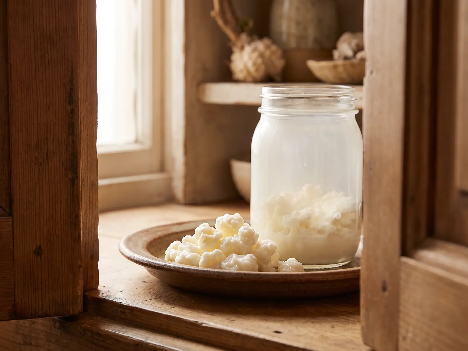 fermento lacteo vivo Frasco leitoso com grãos de kefir numa alacena entreaberta, iluminado por uma luz quente lateral.