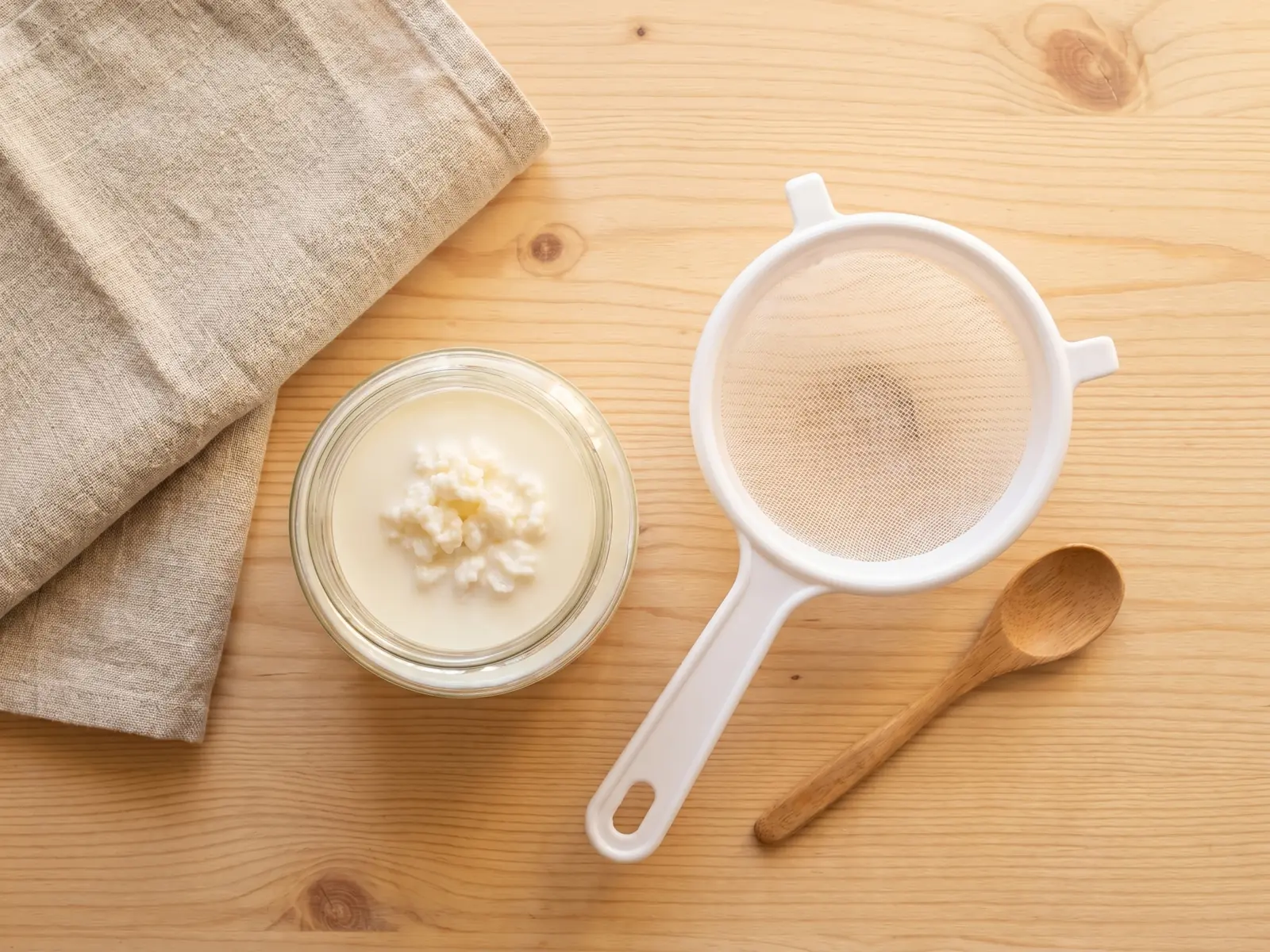 como obter kefir de leite Bancada com frasco de kefir de leite, coador branco, colher de madeira e pano de linho ao lado.