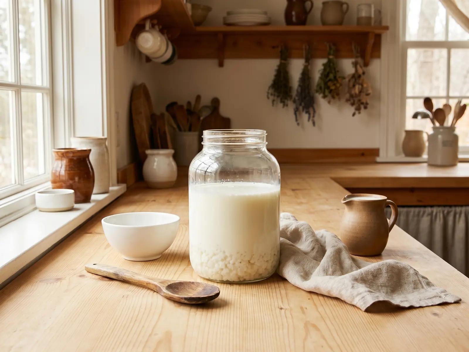 kefir benefits Bancada de cozinha com tarro de kefir, cuenco, colher e jarra de leite fresco ao lado.