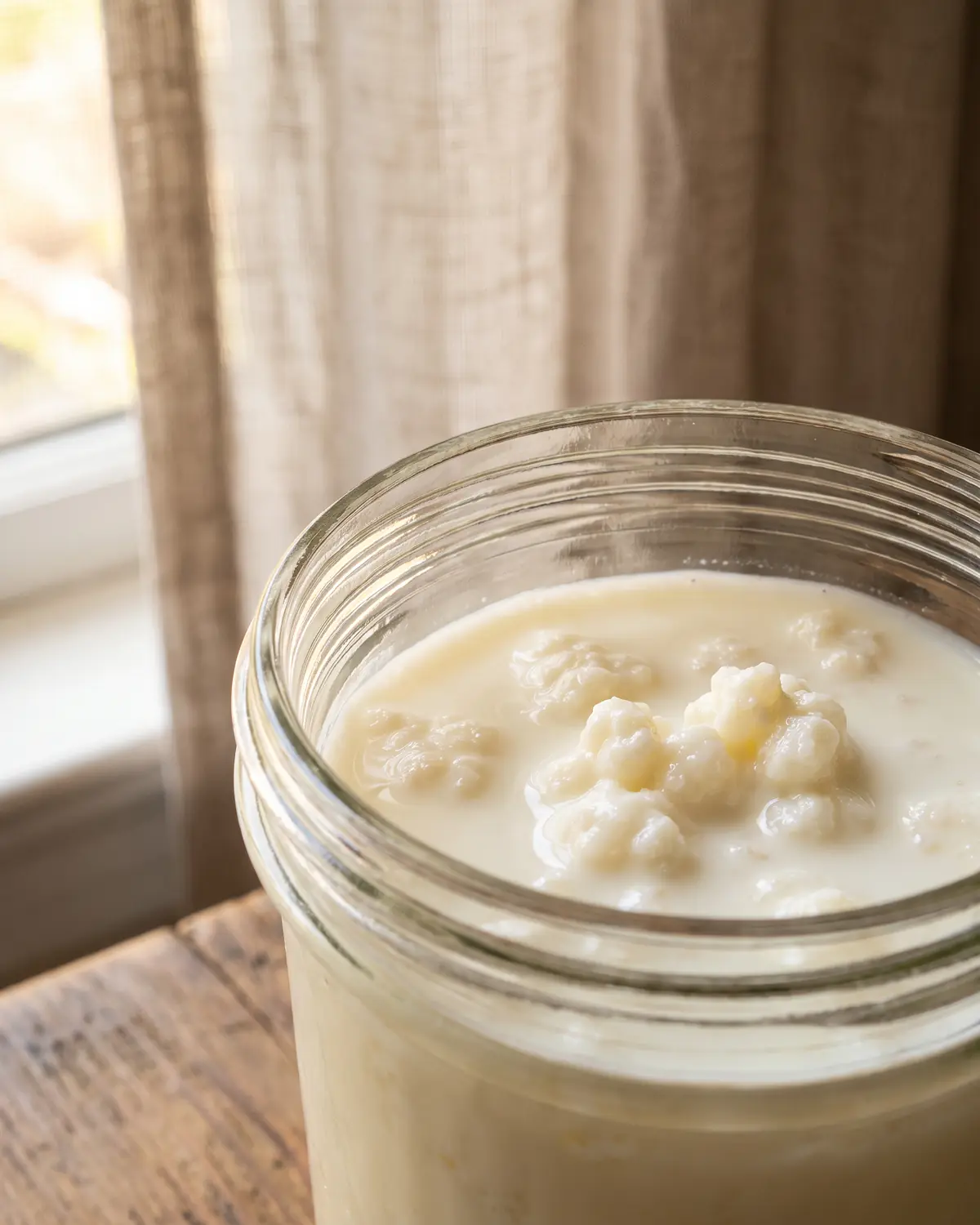 fermento lacteo vivo Bordo de um frasco aberto com leite fermentado, nata fina e grãos visíveis sob uma cortina desfocada.