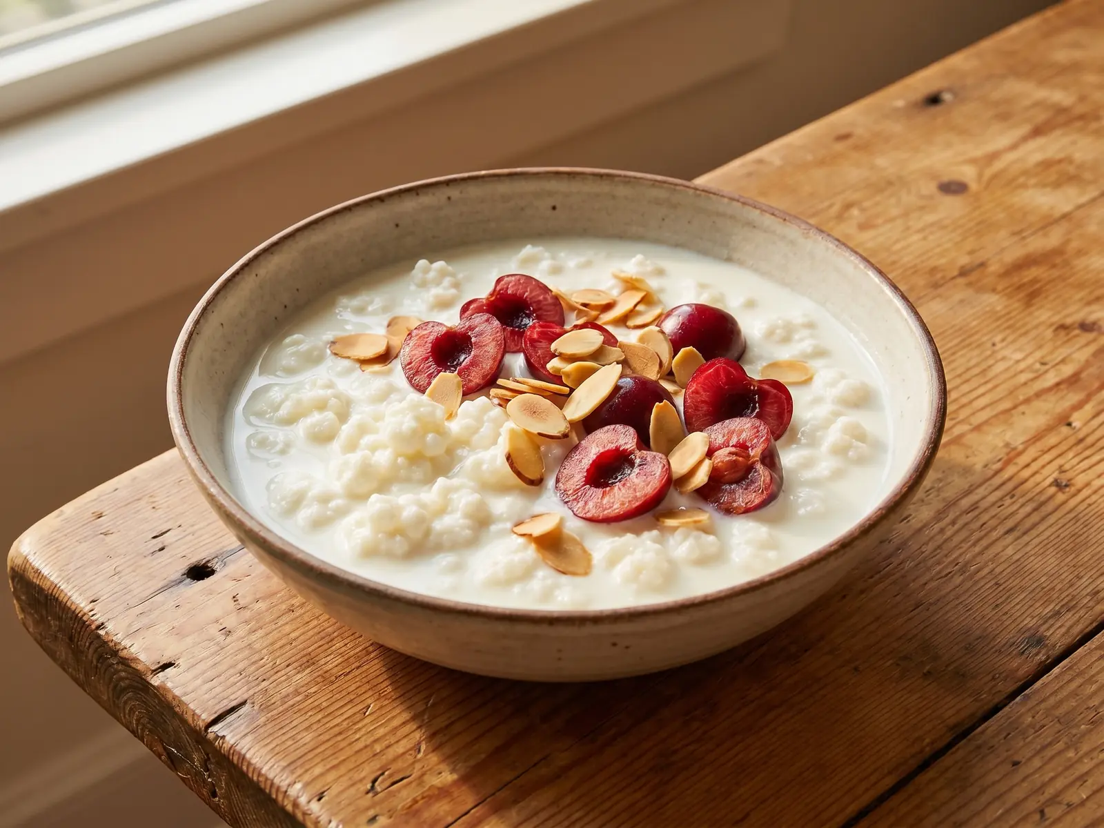 onde encontrar sementes de kefir Bowl de kefir cremoso com cerejas partidas e amêndoas tostadas sobre madeira de pinho.