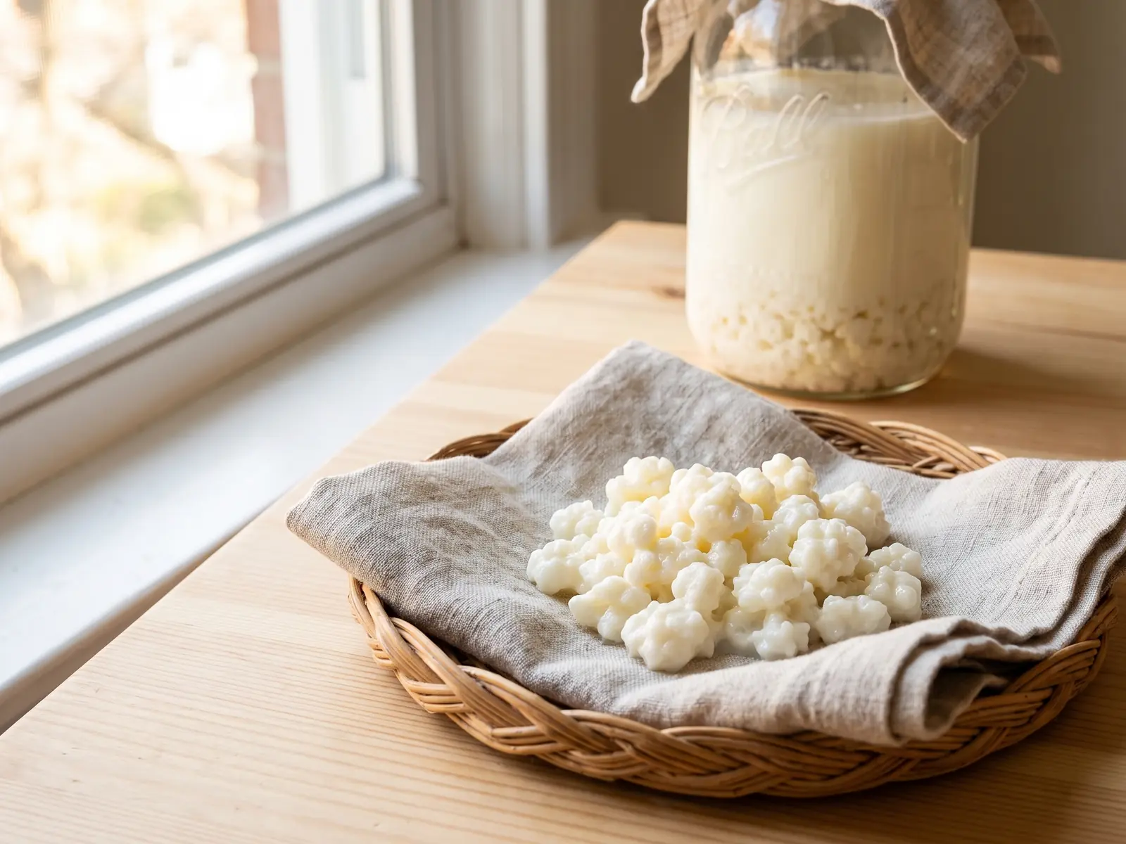 Cesto de vime com frasco de kefir envolto em linho e gr&atilde;os vis&iacute;veis junto a uma janela