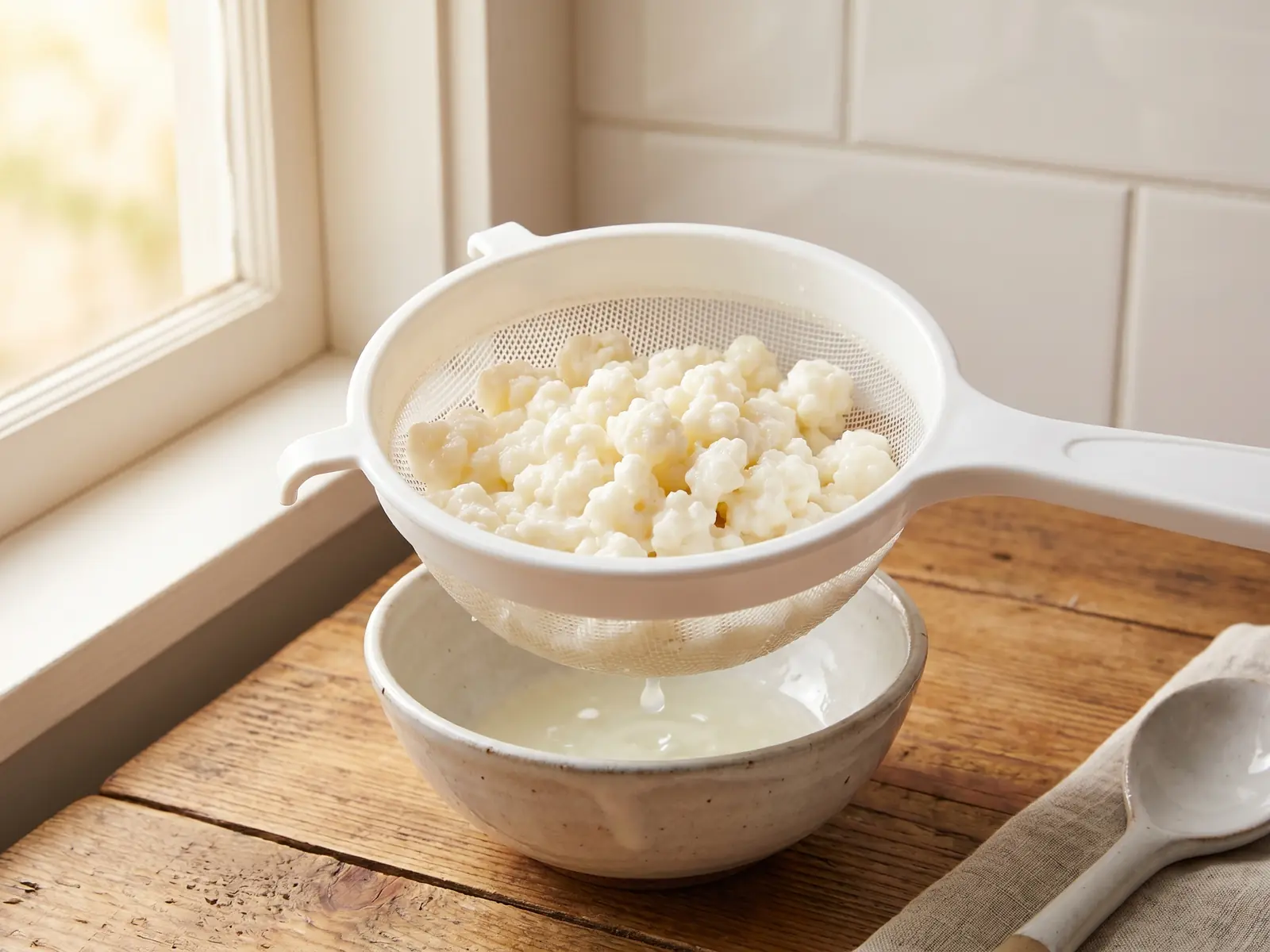 hongo kefir Grãos de kéfir branco-creme num coador plástico sobre azulejos, com cuenco cerâmico por baixo.
