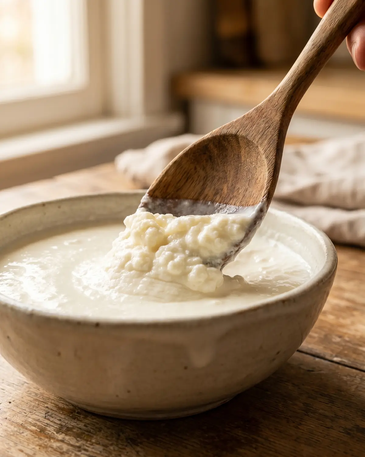planta kefir Colher de madeira a levantar kefir firme de uma taça, mostrando a textura cremosa em primeiro plano.