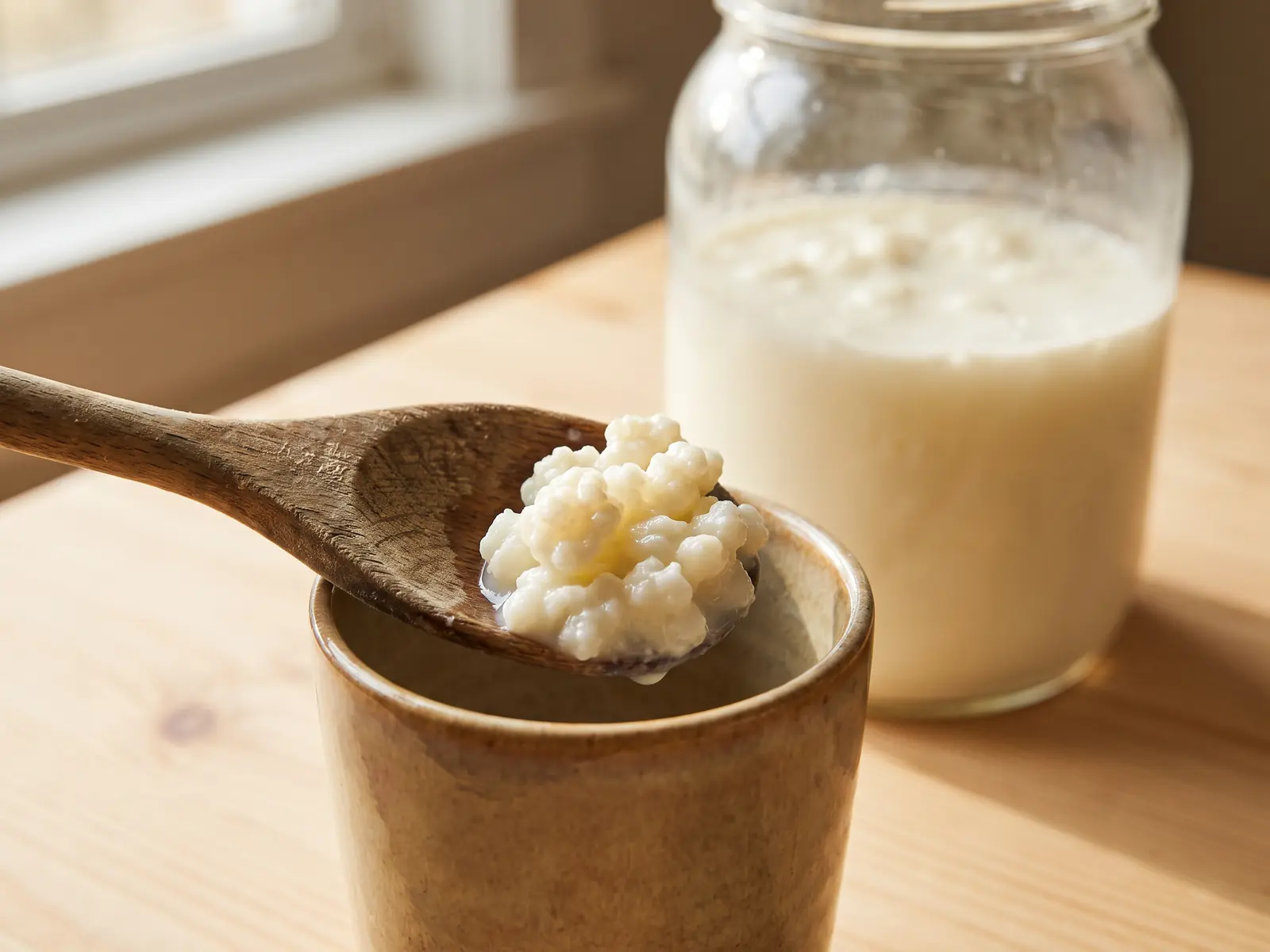 Colher de madeira com gr&atilde;os de kefir junto a uma ch&aacute;vena e um frasco leitoso sobre pinho claro.
