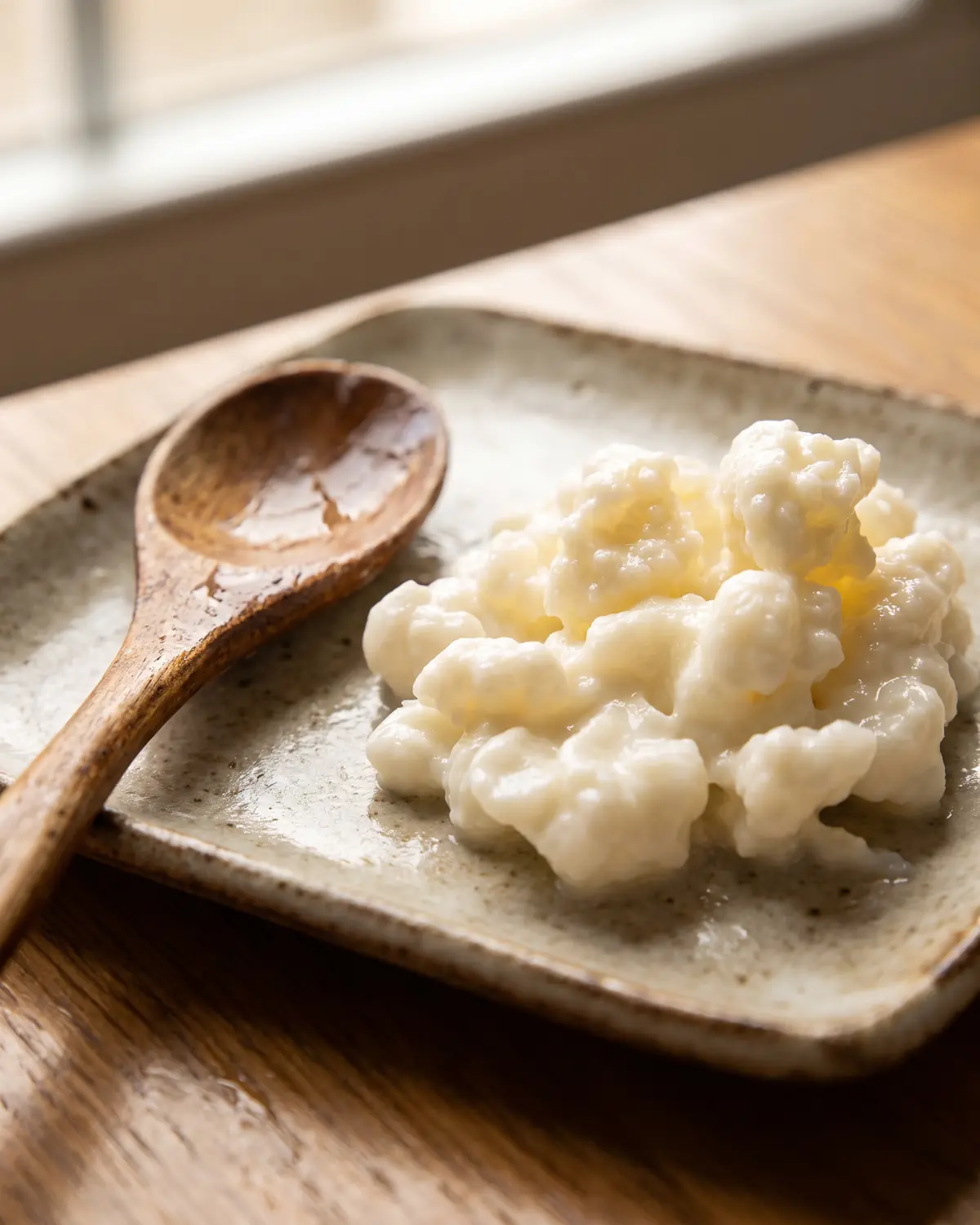 onde encontrar sementes de kefir Colher de madeira húmida vazia junto a grãos de kefir desfocados num prato quadrado.
