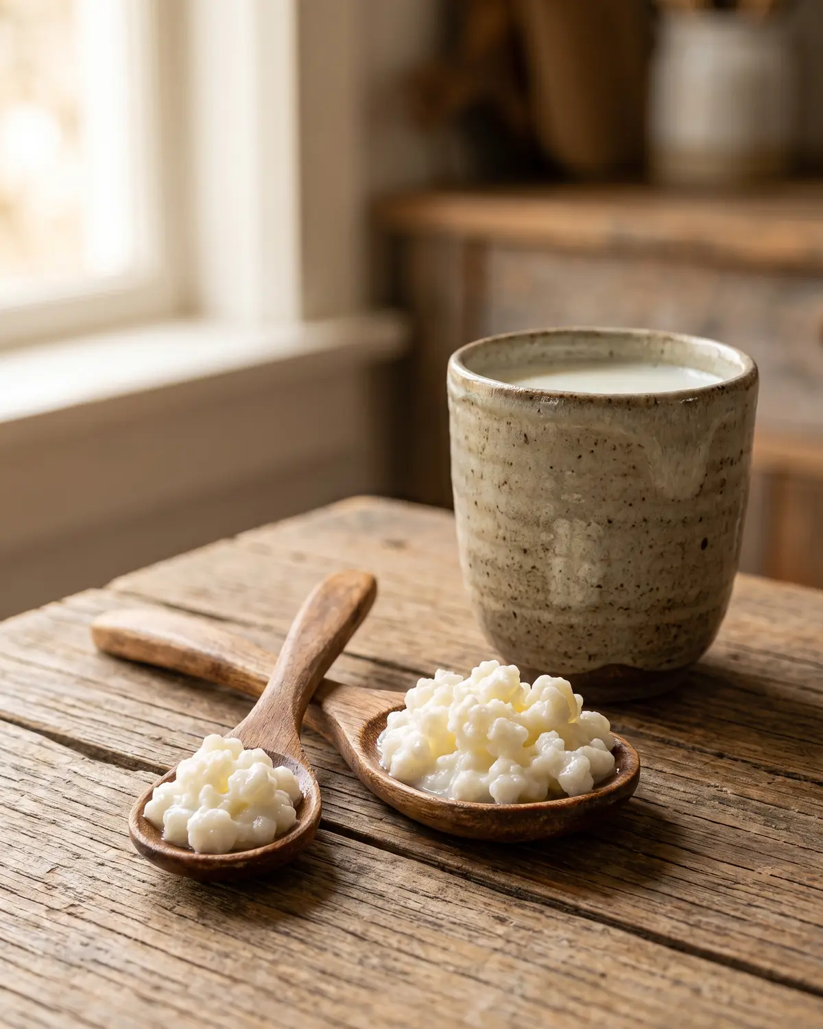 Duas colheres de madeira com pequenas por&ccedil;&otilde;es de gr&atilde;os de kefir junto a uma ch&aacute;vena de cer&acirc;mica.