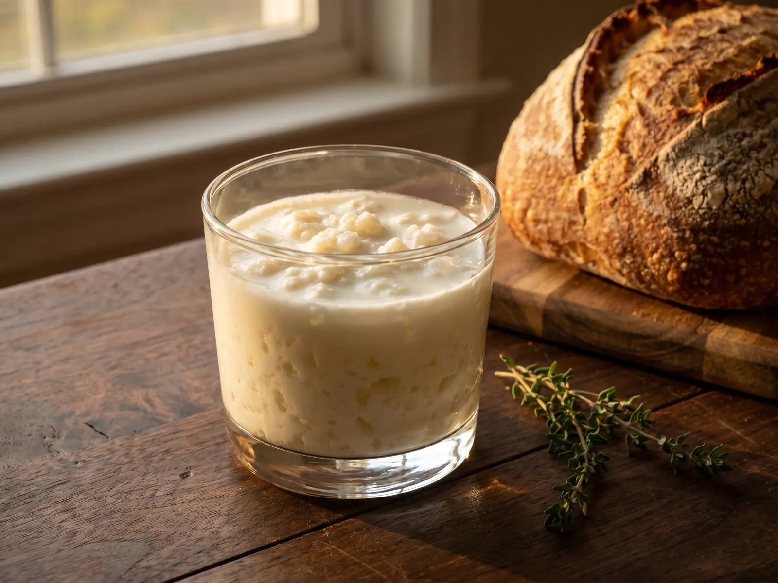 milk kefir grains Kefir cremoso num copo baixo sobre madeira escura, com pão rústico e tomilho em luz dourada.