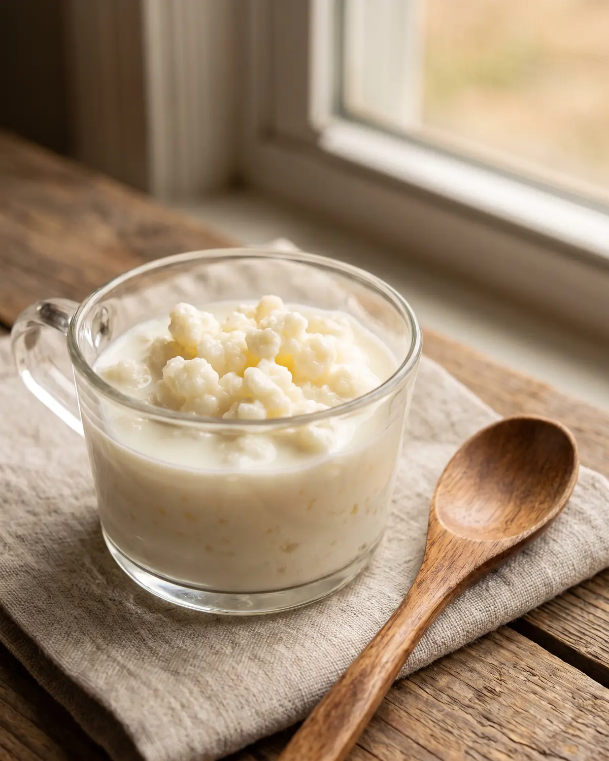 Pequeno copo de vidro com gr&atilde;os de kefir e leite fresco, com colher de madeira apoiada ao lado.