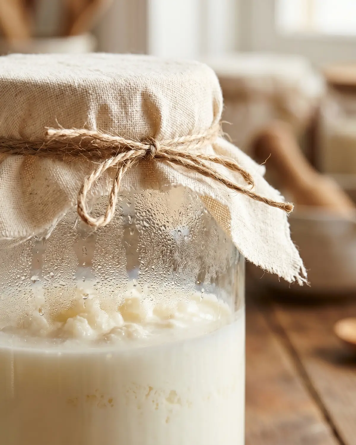 propriedades do kefir Detalhe de frasco de kefir coberto com pano de algodão atado, com leite branco visível no vidro.