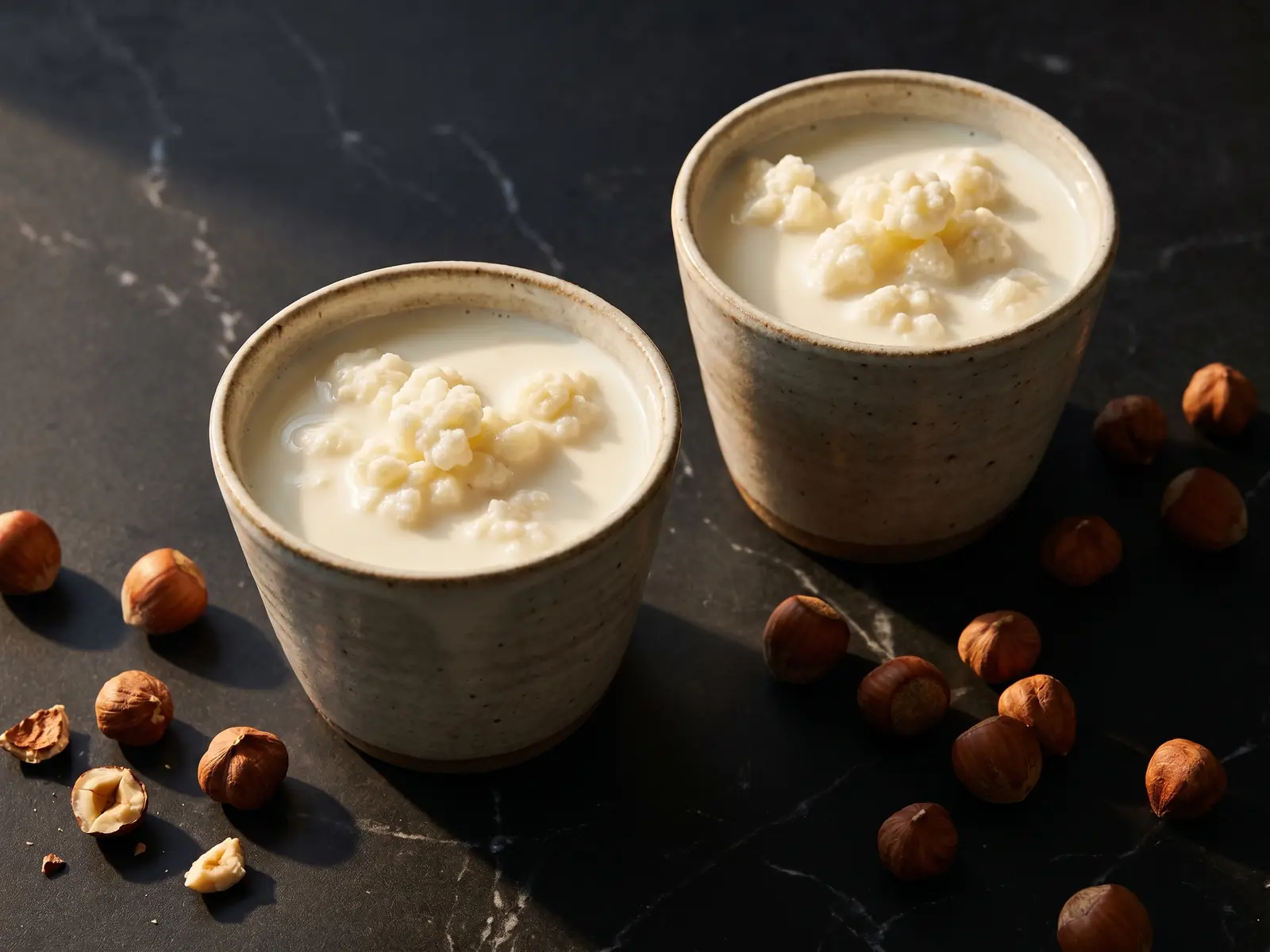 kefir grains Duas taças de kefir sobre mármore preto, com avelãs e luz natural de aspeto caseiro.