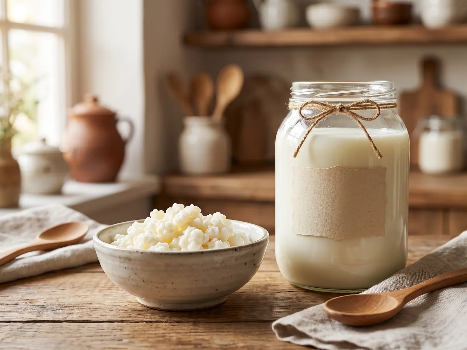 kefir de leite como cuidar Estação caseira de fermentação com frasco de kefir, grãos em cerâmica e etiqueta vazia.