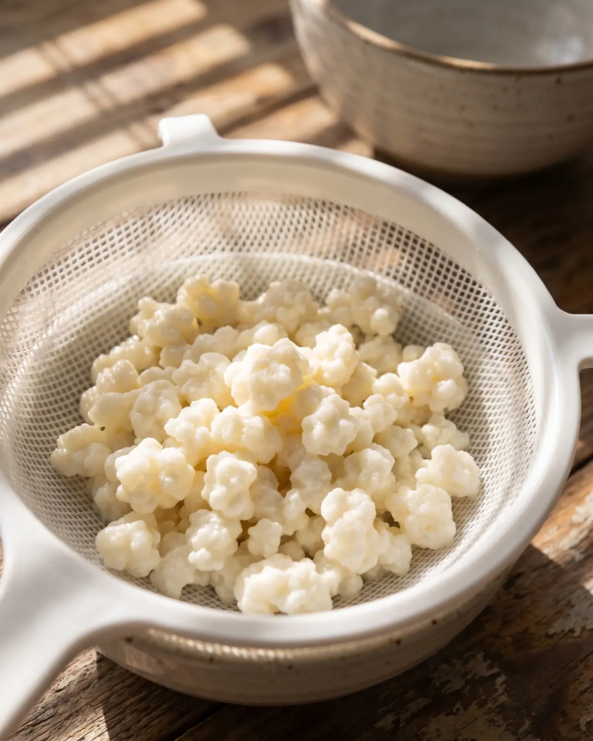 melhor kefir do mercado Coadores brancos com grãos de kefir sob sombras de persiana, numa cena clara de preparação caseira.