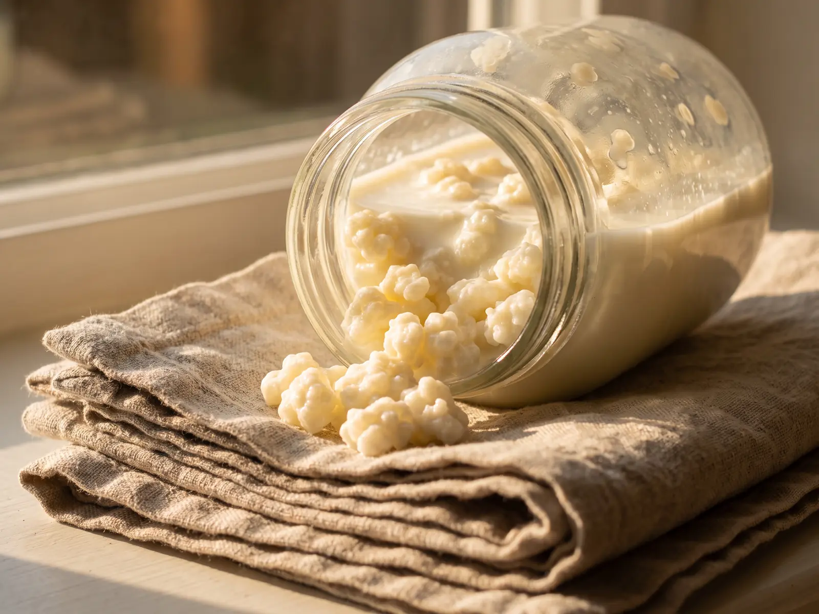 como iniciar kefir de leite Frasco inclinado com kefir de leite sobre linho, grãos junto ao gargalo e luz lateral dourada.