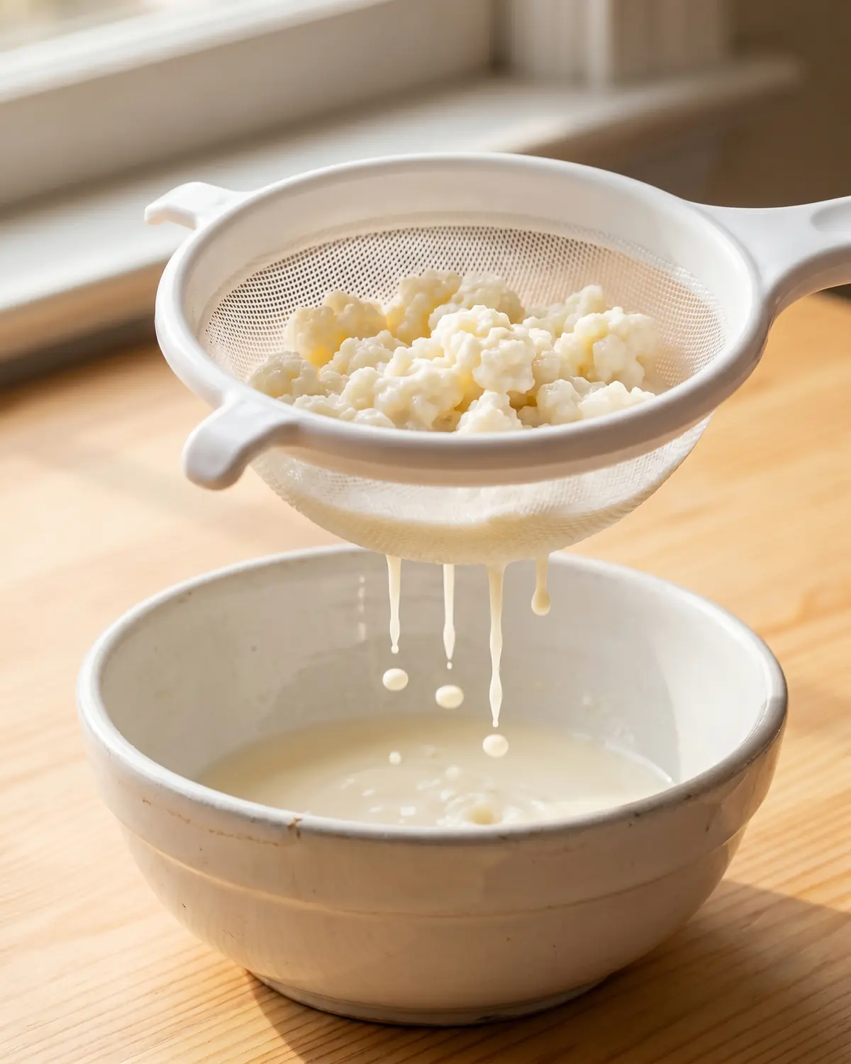 kefir benefits Grãos de kefir de leite a serem coados num coador branco, com uma gota a cair sobre o cuenco.