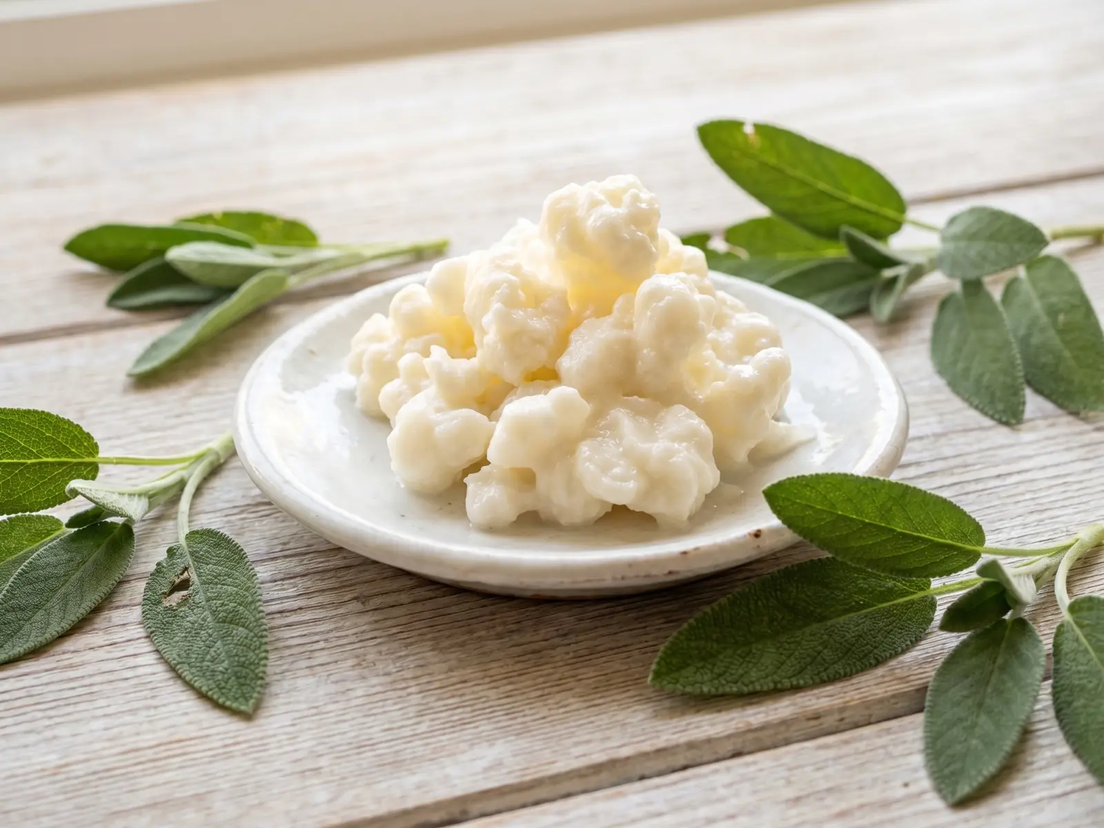 Gr&atilde;os irregulares de k&eacute;fir num prato branco, com folhas de salvia e madeira clara ao fundo.