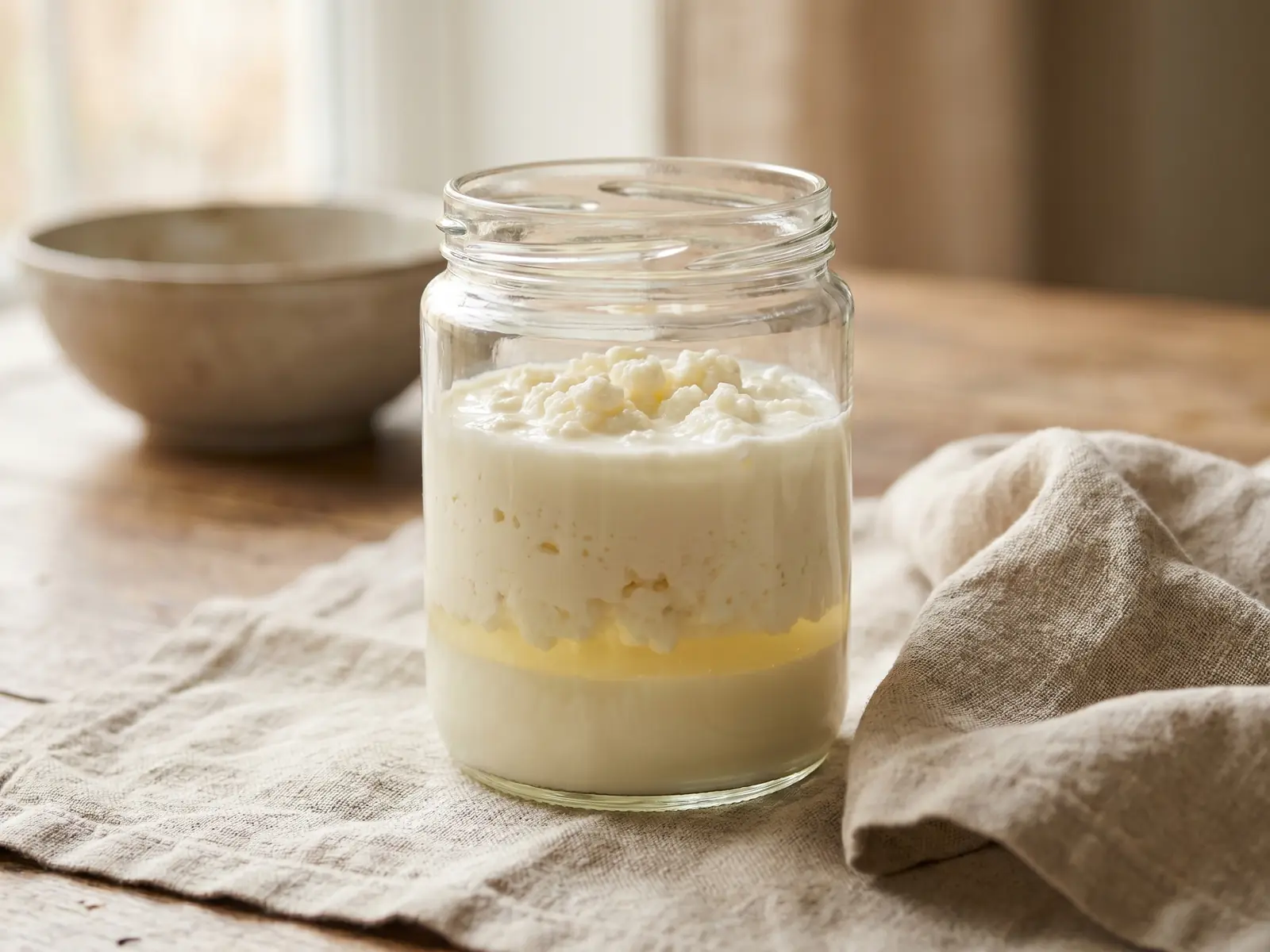 Tarro de kefir de leite com camadas naturais e linha de soro vis&iacute;vel junto a um pano de linho.