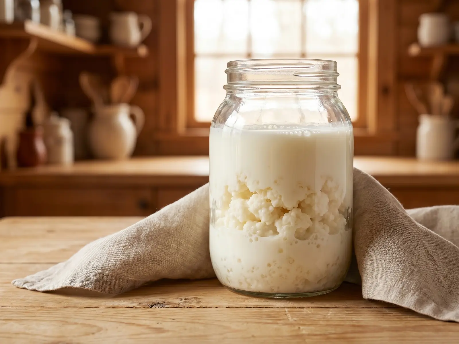 Frasco de vidro com leite e gr&atilde;os de kefir junto &agrave; janela, iluminado por contraluz suave.