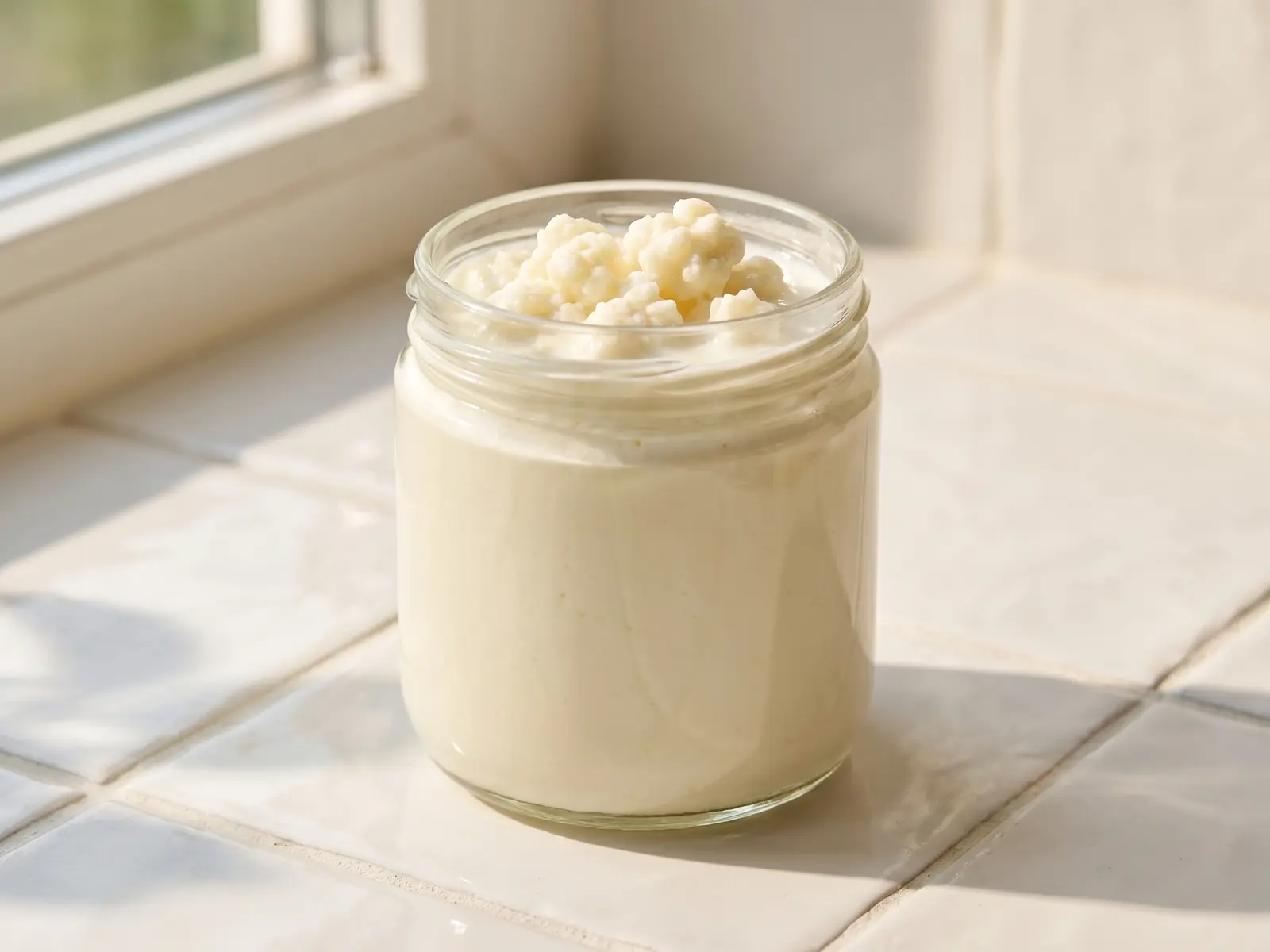 kefir mercadona Tarro limpo de kéfir de leite sobre azulejos brancos, com luz lateral suave e aspeto caseiro cuidado.