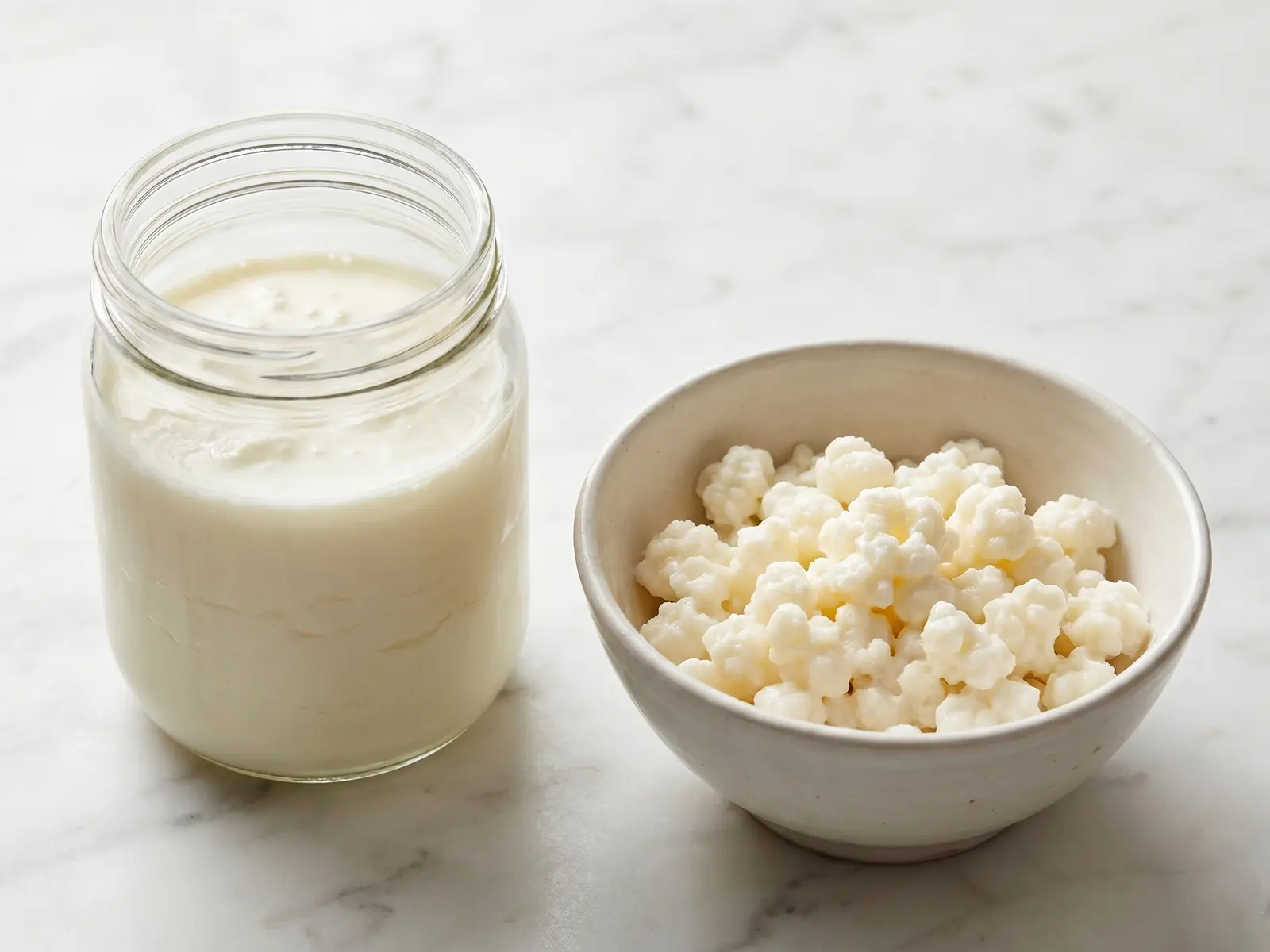 aldi kefir Tarro aberto de kefir de leite com grãos branco-creme num cuenco cerâmico sobre mármore claro.