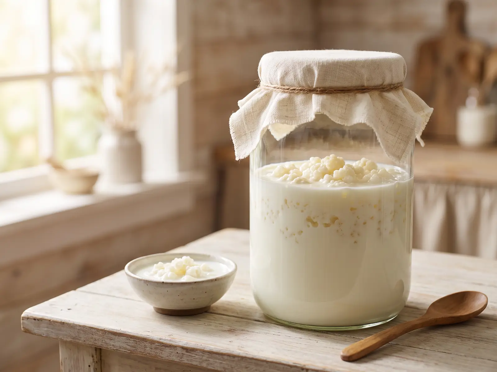 Frasco de kefir de leite com gr&atilde;os vis&iacute;veis e fruta seca ao lado sobre uma mesa de madeira.