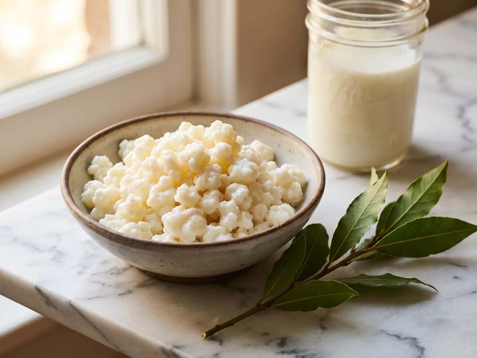 Ramo de loureiro sobre m&aacute;rmore branco, com gr&atilde;os de kefir em tigela e frasco cremoso ao fundo.