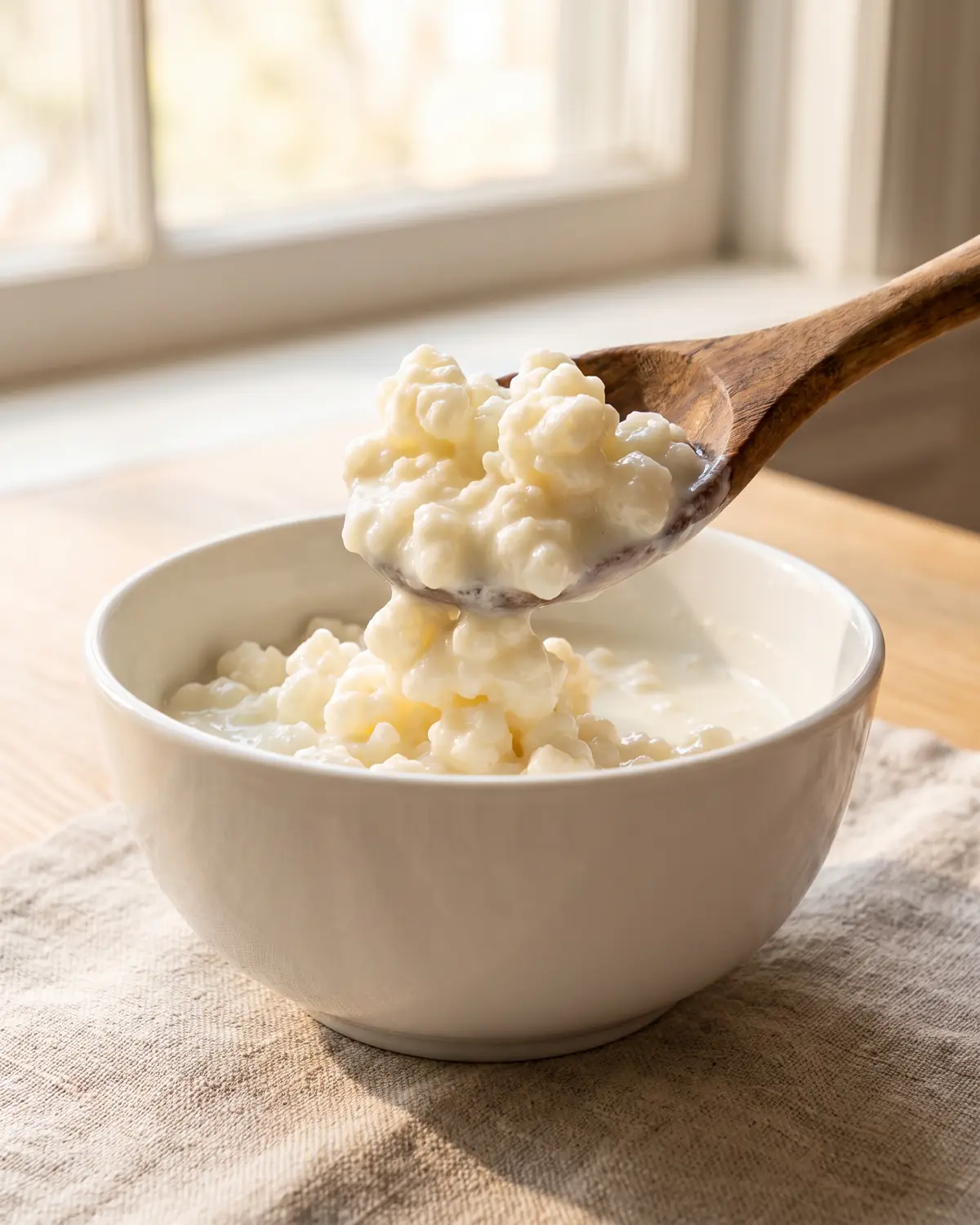 aldi kefir Colher de madeira a levantar grãos densos de kefir de leite num cuenco branco com luz quente de janela.