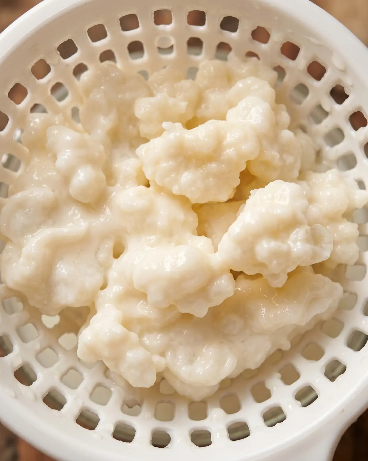 kefirs Grãos de kefir branco-creme num coador, com gotas espessas entre as formas irregulares