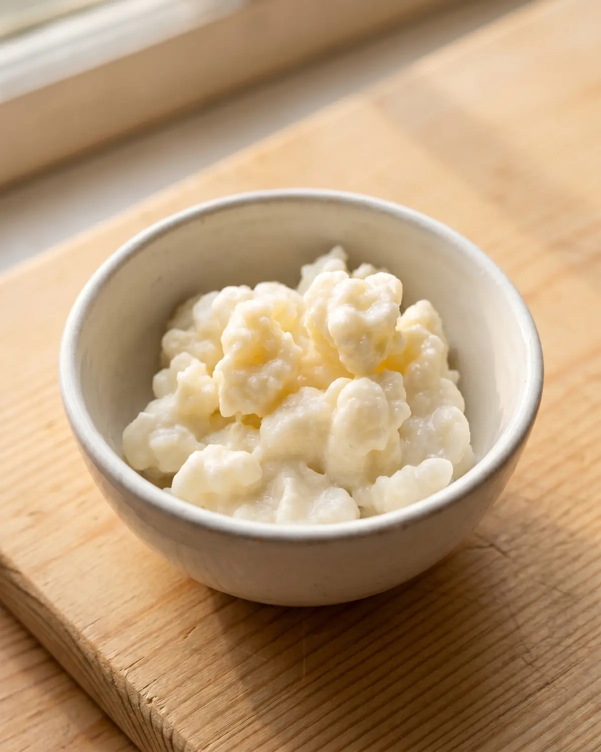 grãos de kefir de água Primeiro plano de grânulos de kefir de leite num cuenco branco, com textura irregular bem visível.