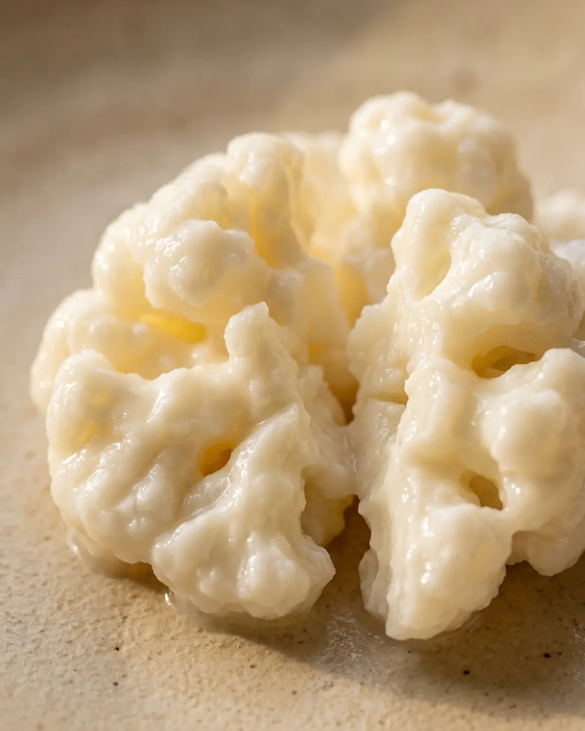 Macro de um gr&atilde;o de kefir partido, com dobras h&uacute;midas semelhantes a couve-flor sobre cer&acirc;mica mate.
