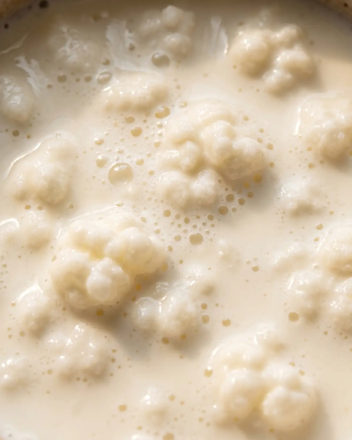 kefir de leite Superfície cremosa do kefir de leite em detalhe, com pequenas bolhas visíveis sob luz suave.