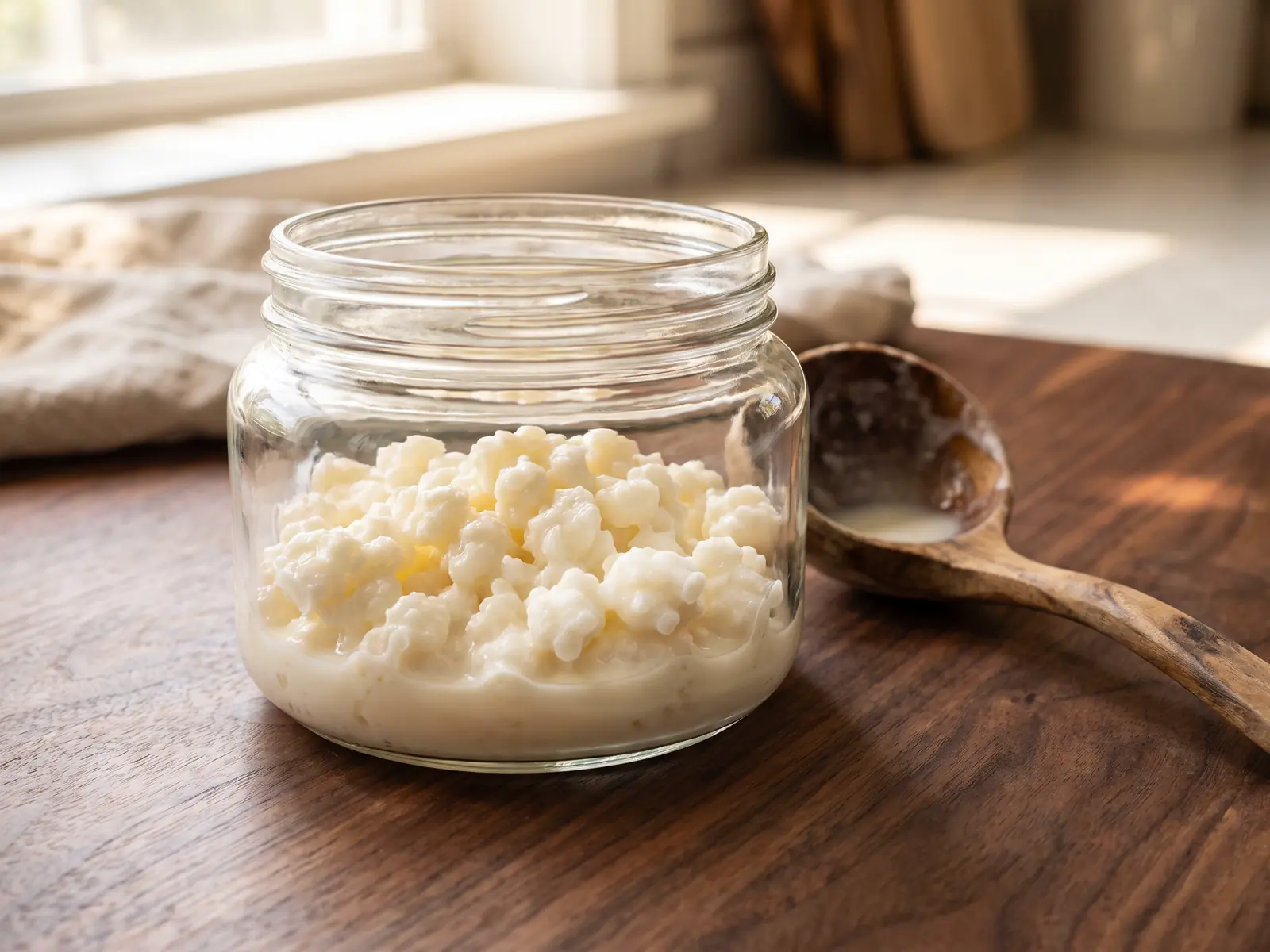 melhor kefir do mercado Frasco de kefir sobre madeira escura, com grãos visíveis e colher de madeira ao lado.