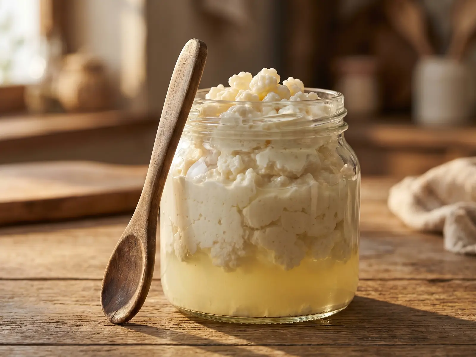quais são os benefícios do kefir de água Tarro de kefir maduro com soro separado, colher de madeira apoiada e luz lateral de fim de tarde.