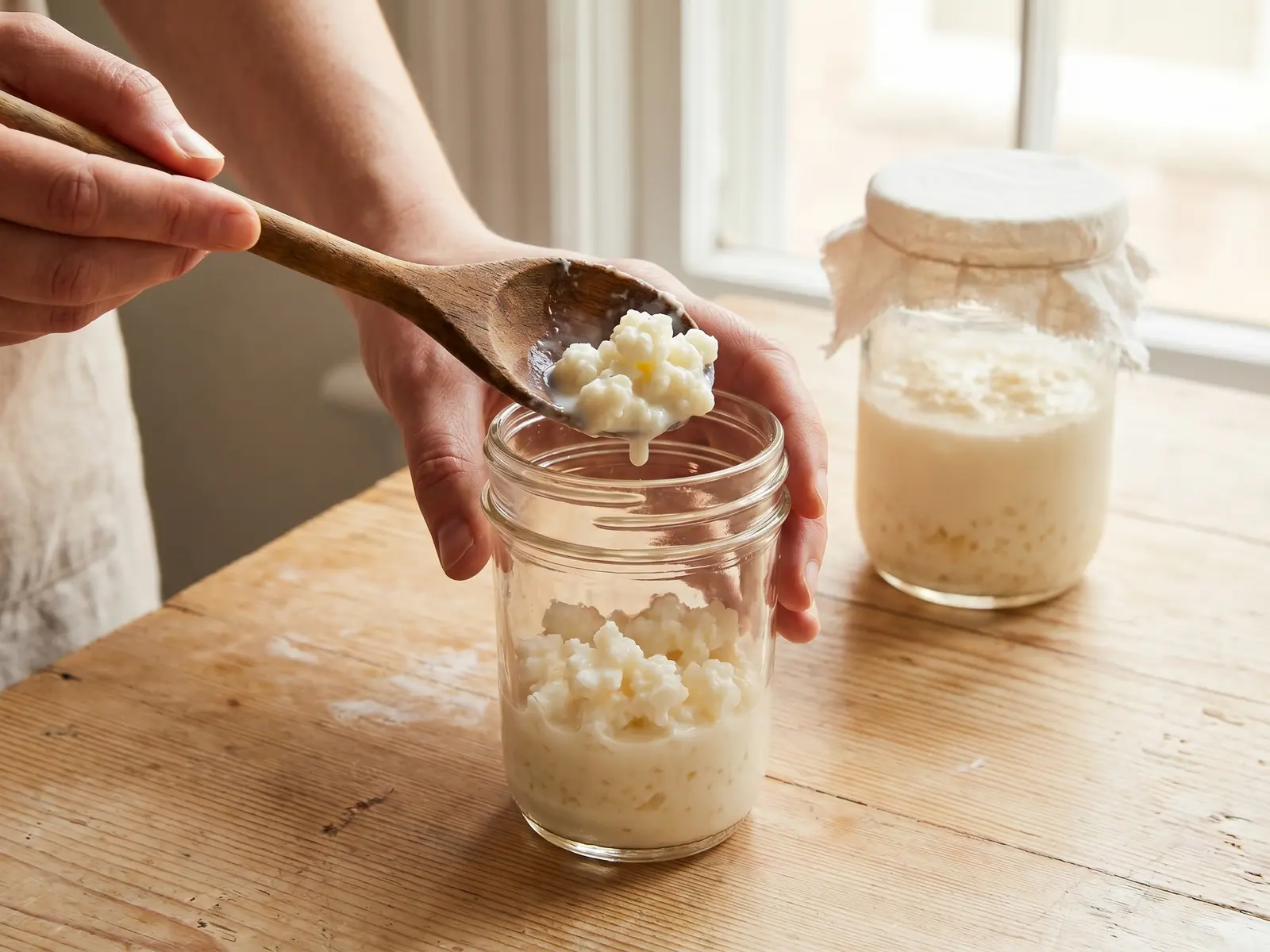 M&atilde;o a colocar gr&atilde;os de kefir de leite num frasco com colher de madeira sobre madeira clara.