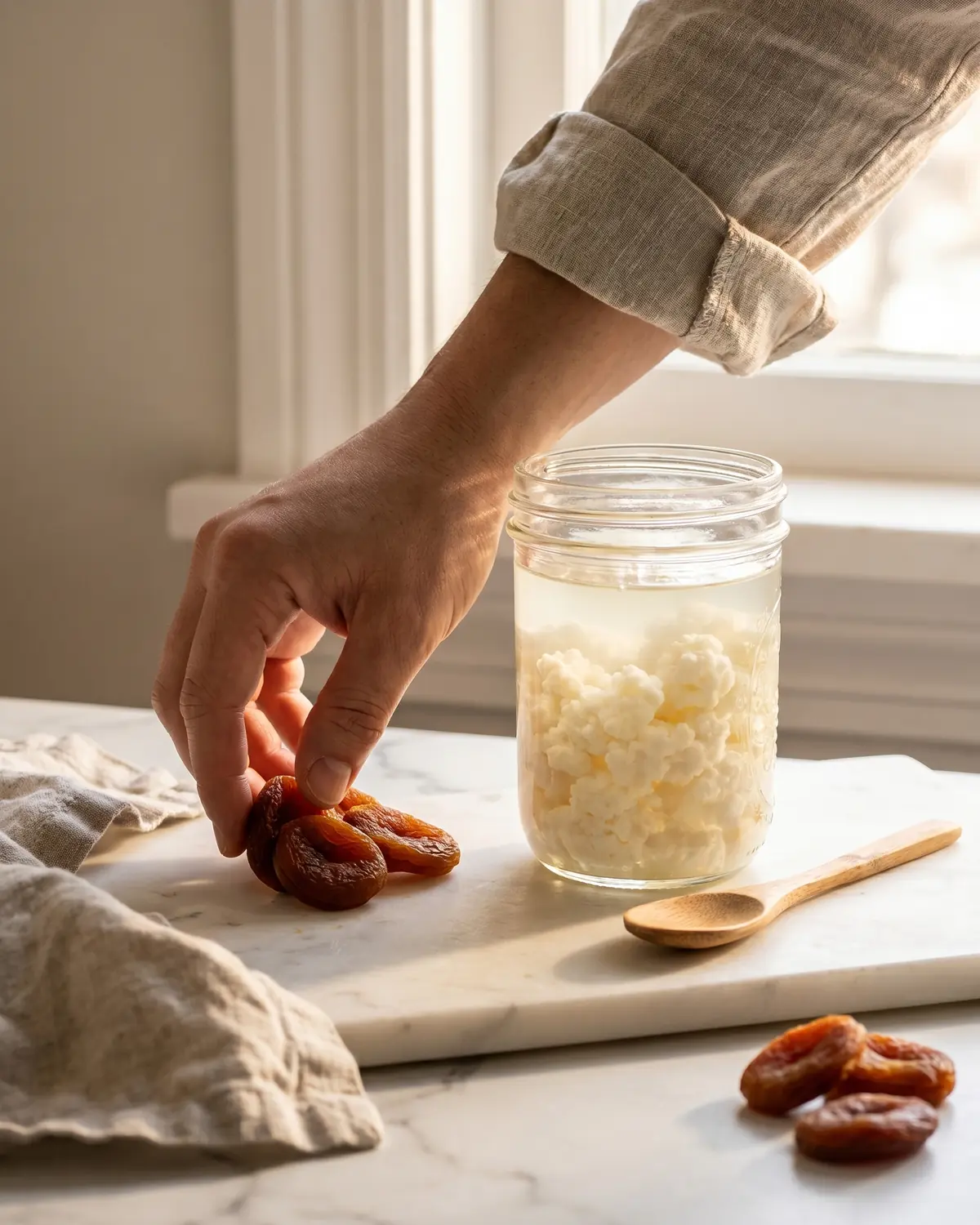 kefir para doar Mão a colocar damascos secos junto a um tarro de kefir de leite sobre mármore branco.