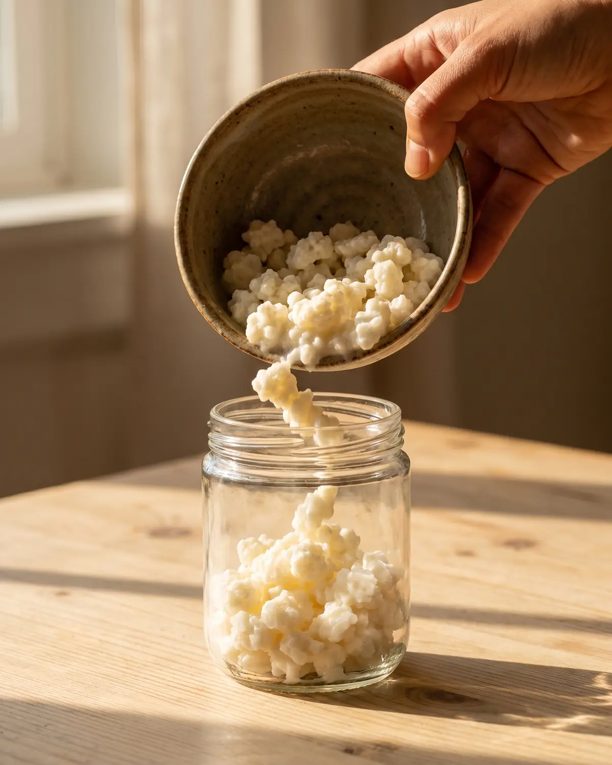 o kefir tem lactose Mão a inclinar um tigela cerâmico com grãos de kefir para um frasco, sobre madeira clara e sombra suave.