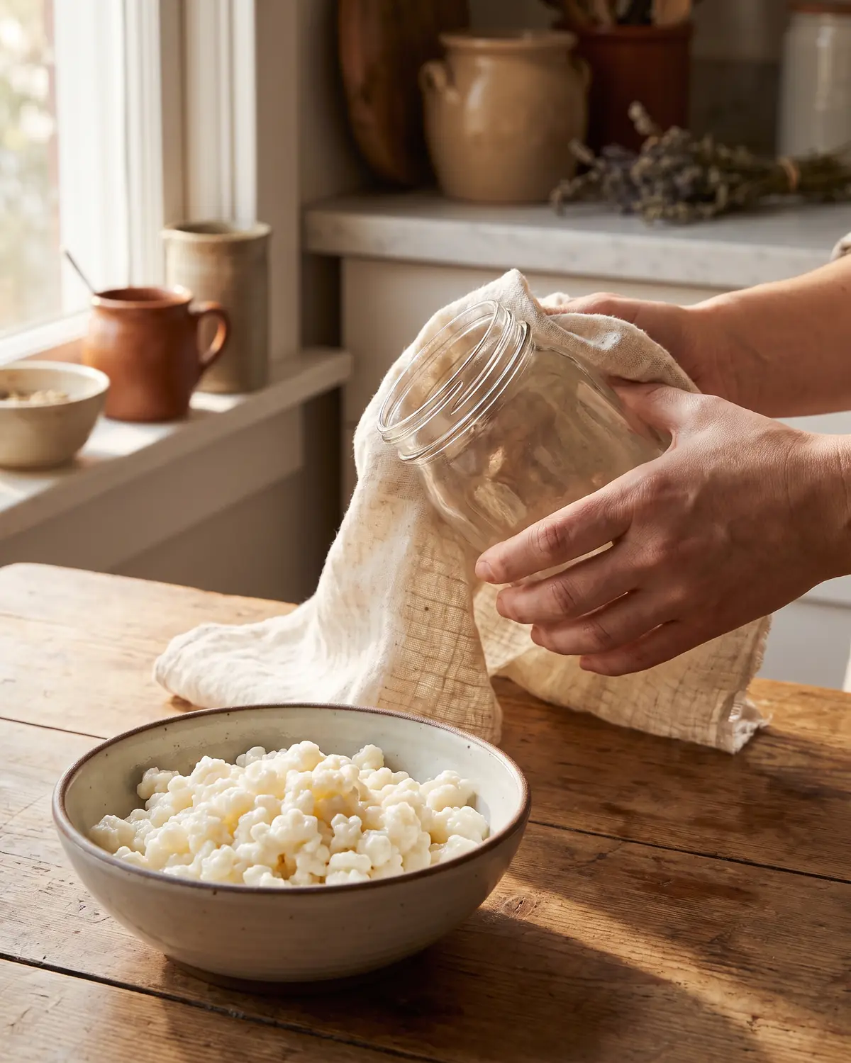 como obter kefir de leite Mão seca a segurar frasco de vidro com linho cru e grãos de kefir de leite numa tigela abaixo.