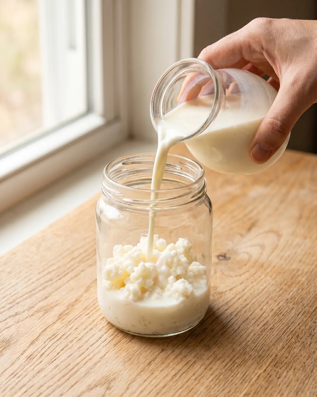 kefir lidl Mão a verter leite fresco sobre grãos de kefir num frasco de vidro durante a preparação caseira.