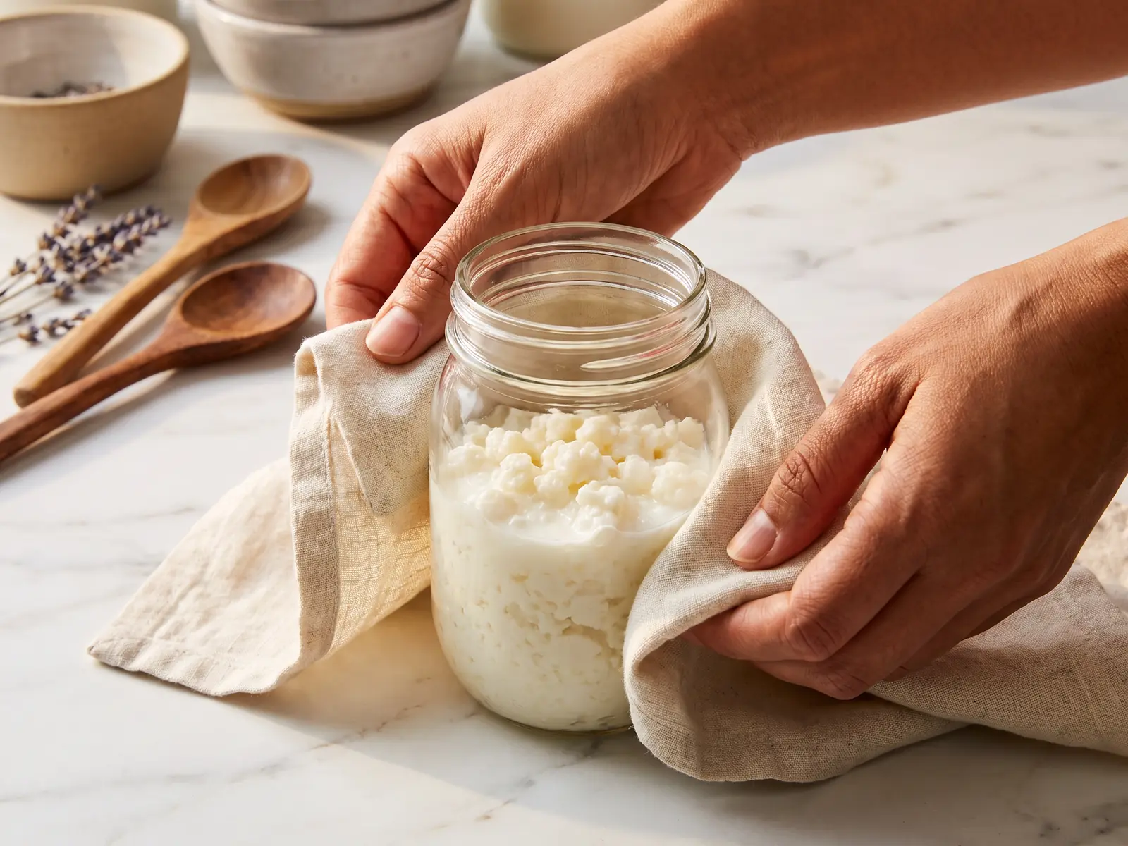 kefir com leite vegetal Duas mãos envolvem um frasco de kefir em linho sobre mármore branco, como um presente caseiro.