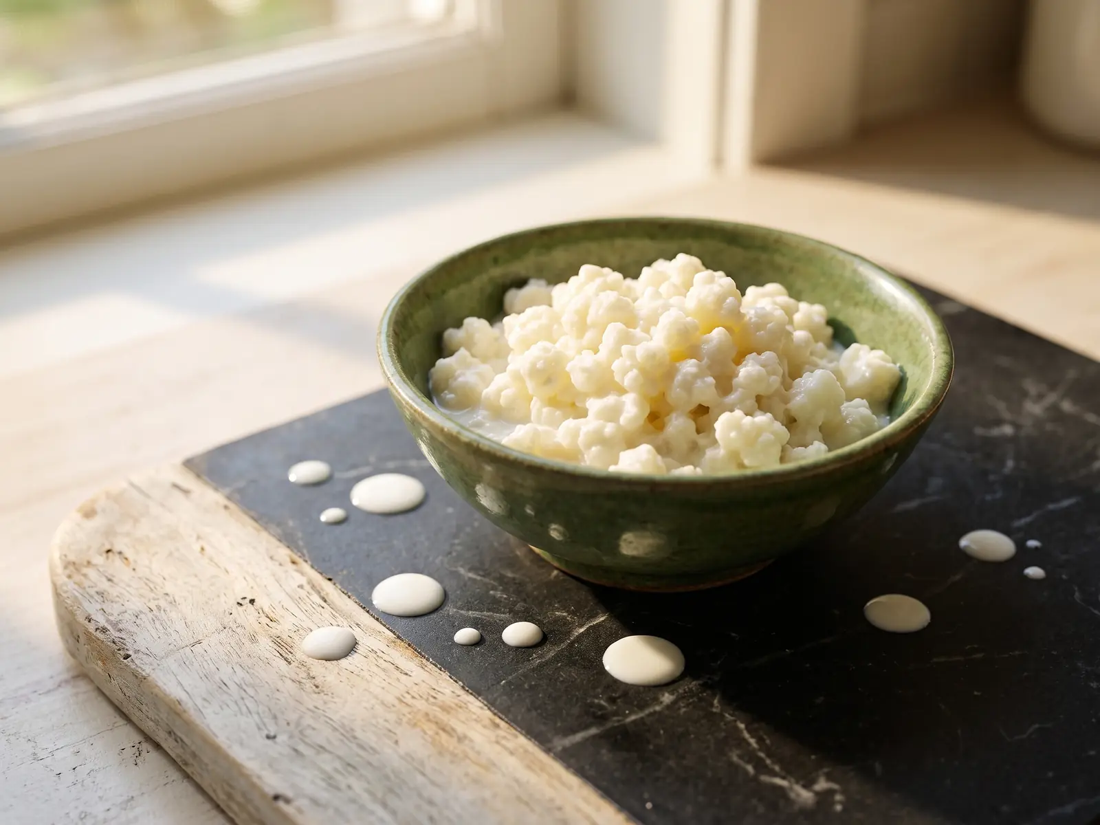 kefir para diabetes Cuenco verde com grãos de kefir sobre mármore escuro, com gotas de leite e madeira clara à volta.