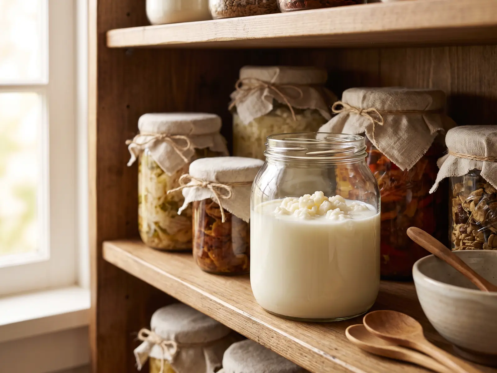 Frascos de kefir numa prateleira, com gr&atilde;os branco-creme vis&iacute;veis num recipiente aberto com leite.