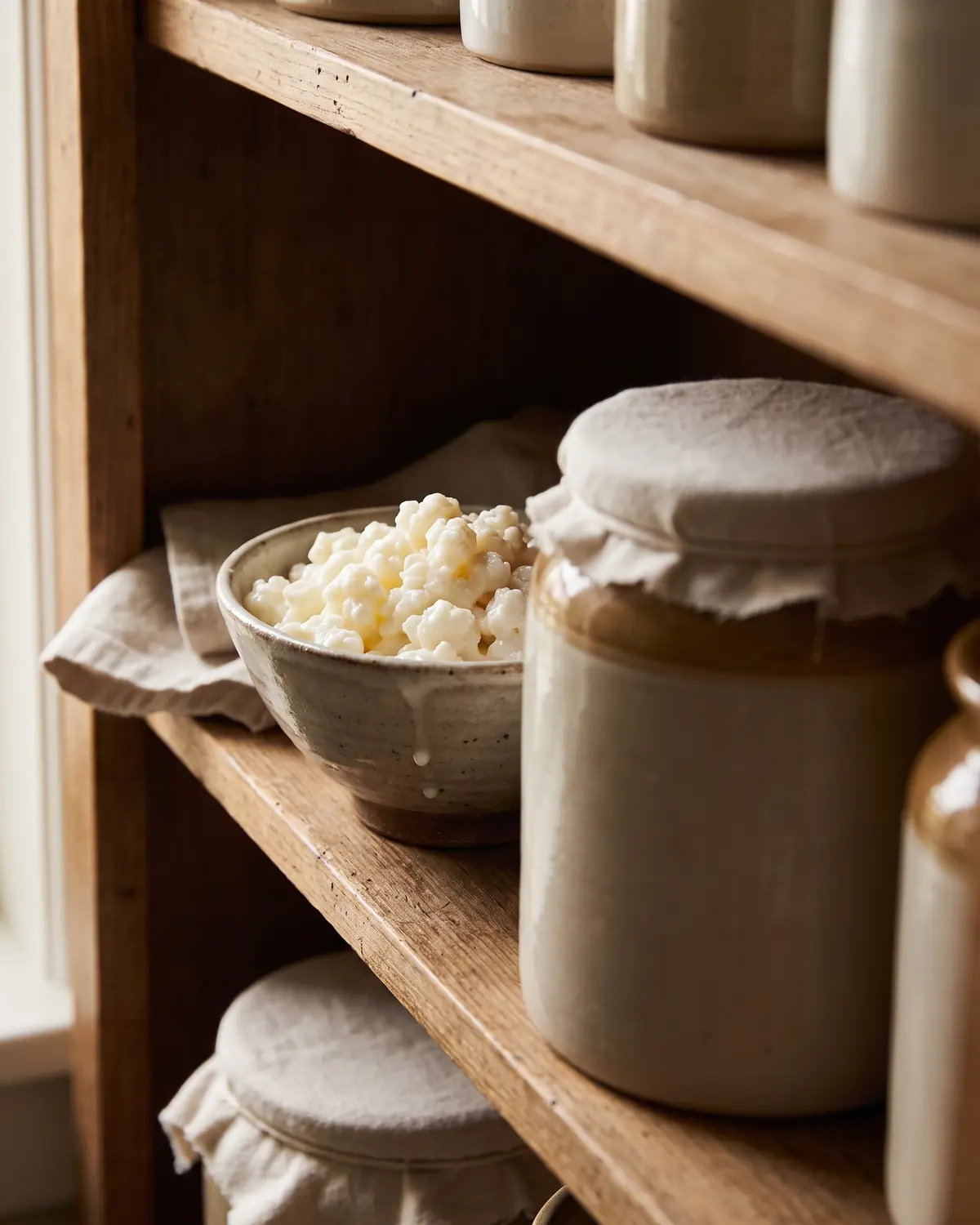kefir para diabetes Frasco tapado de kefir numa prateleira estreita, com cuenco de grãos em sombra suave ao lado.