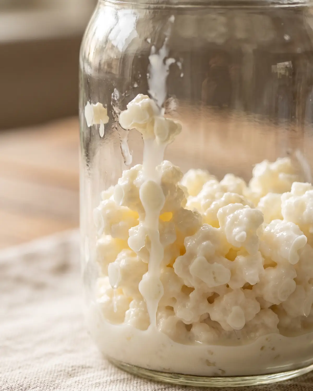 Leite fresco a tocar nos gr&atilde;os de kefir dentro de um frasco, mostrando o in&iacute;cio da fermenta&ccedil;&atilde;o caseira.